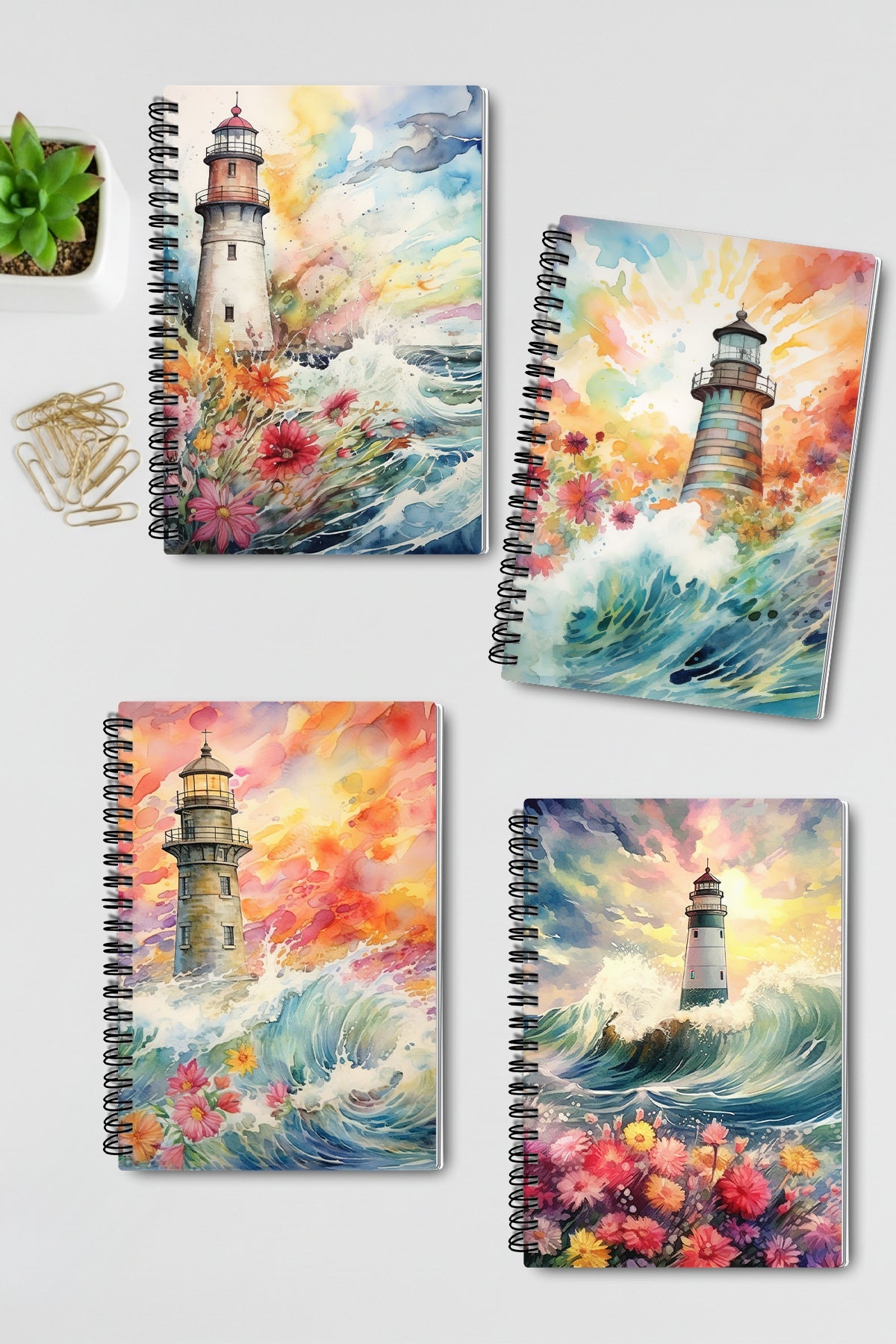 Okyanus Temalı Deniz Feneri Tasarım Tel Spiralli 4'lü Hatıra Günlük Ajanda Anı Okul Defter Seti