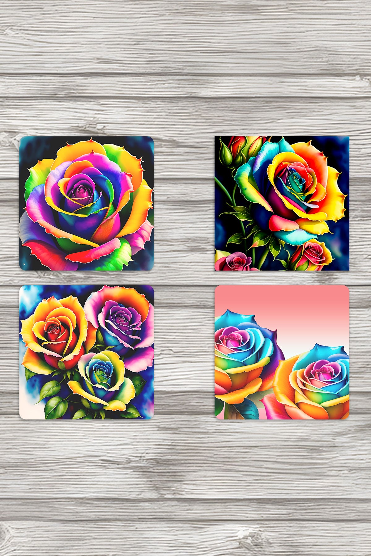 Pop Art Çiçek Baskılı 4'lü Set Dekoratif Ahşap Kare Bardak Altlığı