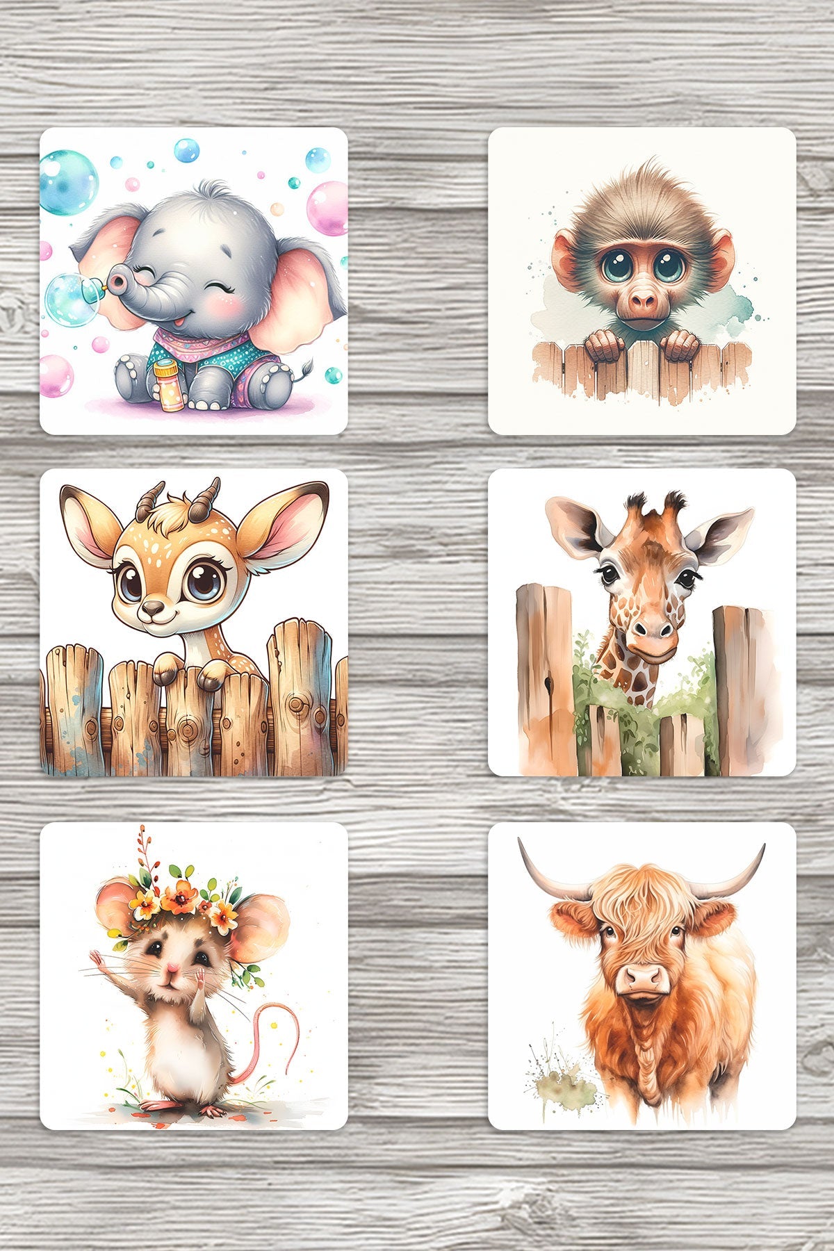 Sevimli Hayvanlar No:3 Baskılı 6'lı Set Dekoratif Ahşap Kare Bardak Altlığı