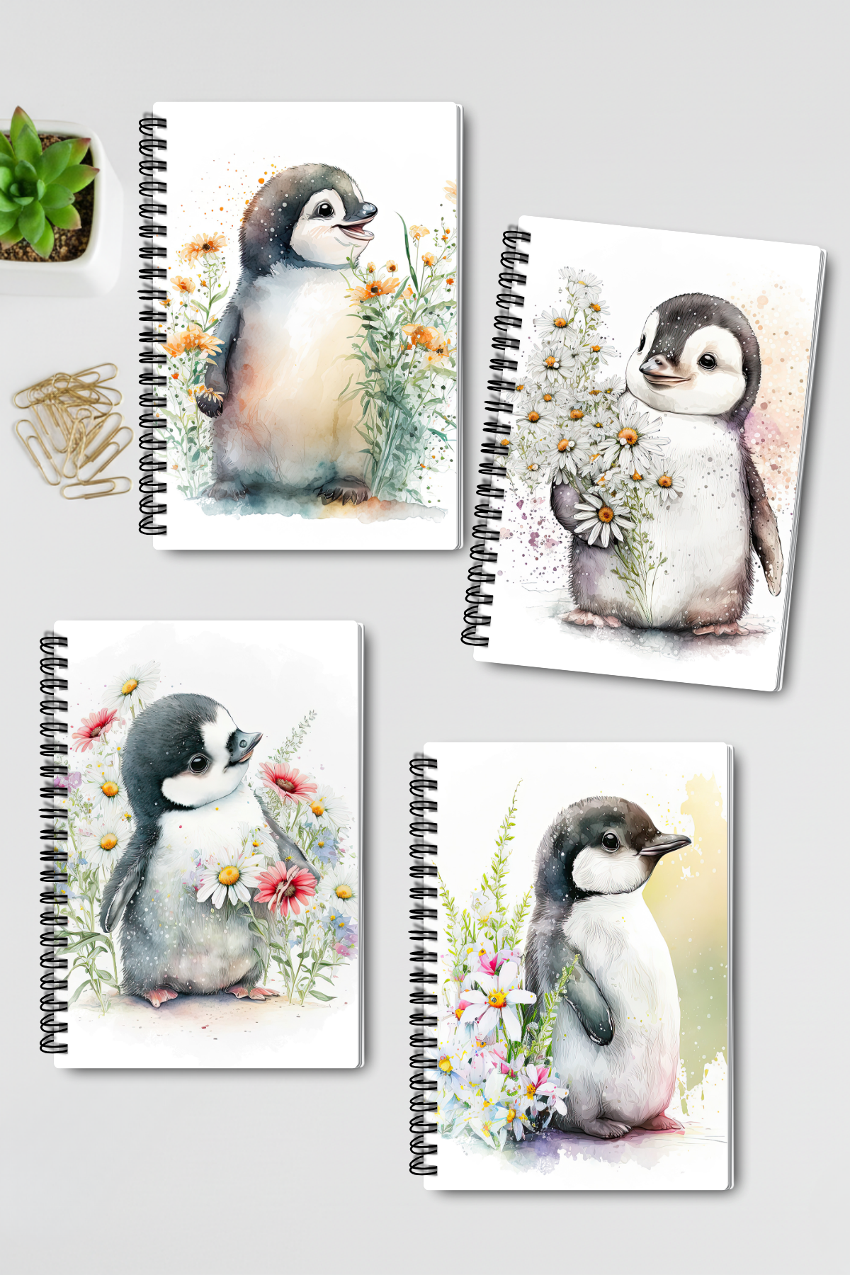 Sevimli Penguen Tasarım Tel Spiralli 4'lü Hatıra Günlük Ajanda Anı Okul Defter Seti