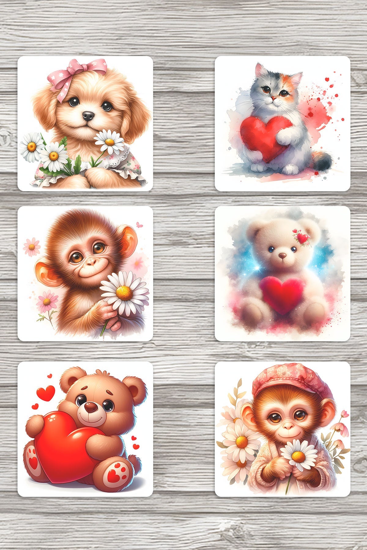 Sevimli Hayvanlar No:4 Baskılı 6'lı Set Dekoratif Ahşap Kare Bardak Altlığı