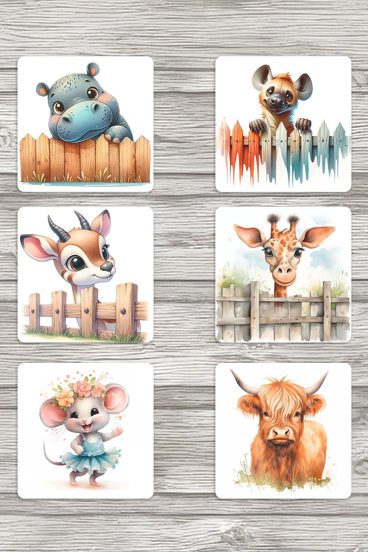 Sevimli Hayvanlar No:7 Baskılı 6'lı Set Dekoratif Ahşap Kare Bardak Altlığı