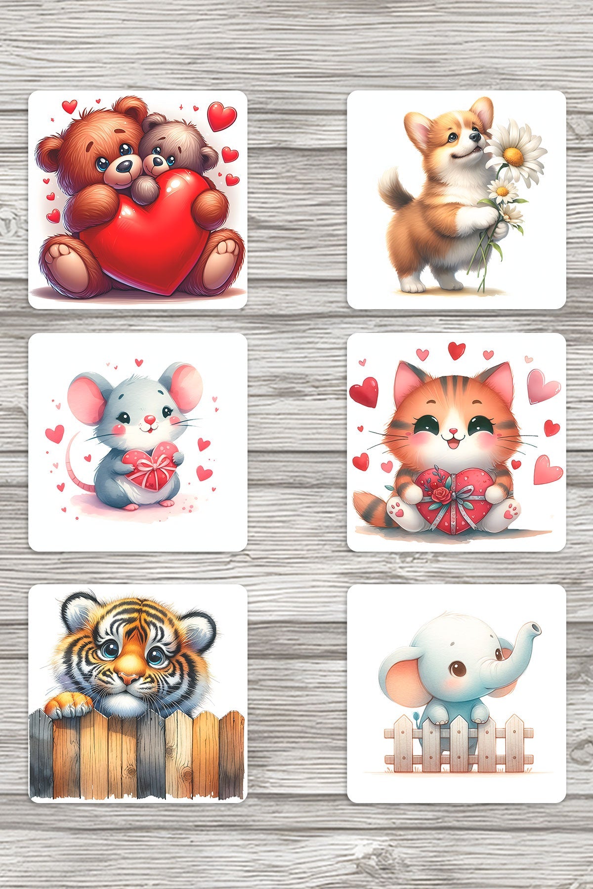 Sevimli Hayvanlar No:8 Baskılı 6'lı Set Dekoratif Ahşap Kare Bardak Altlığı