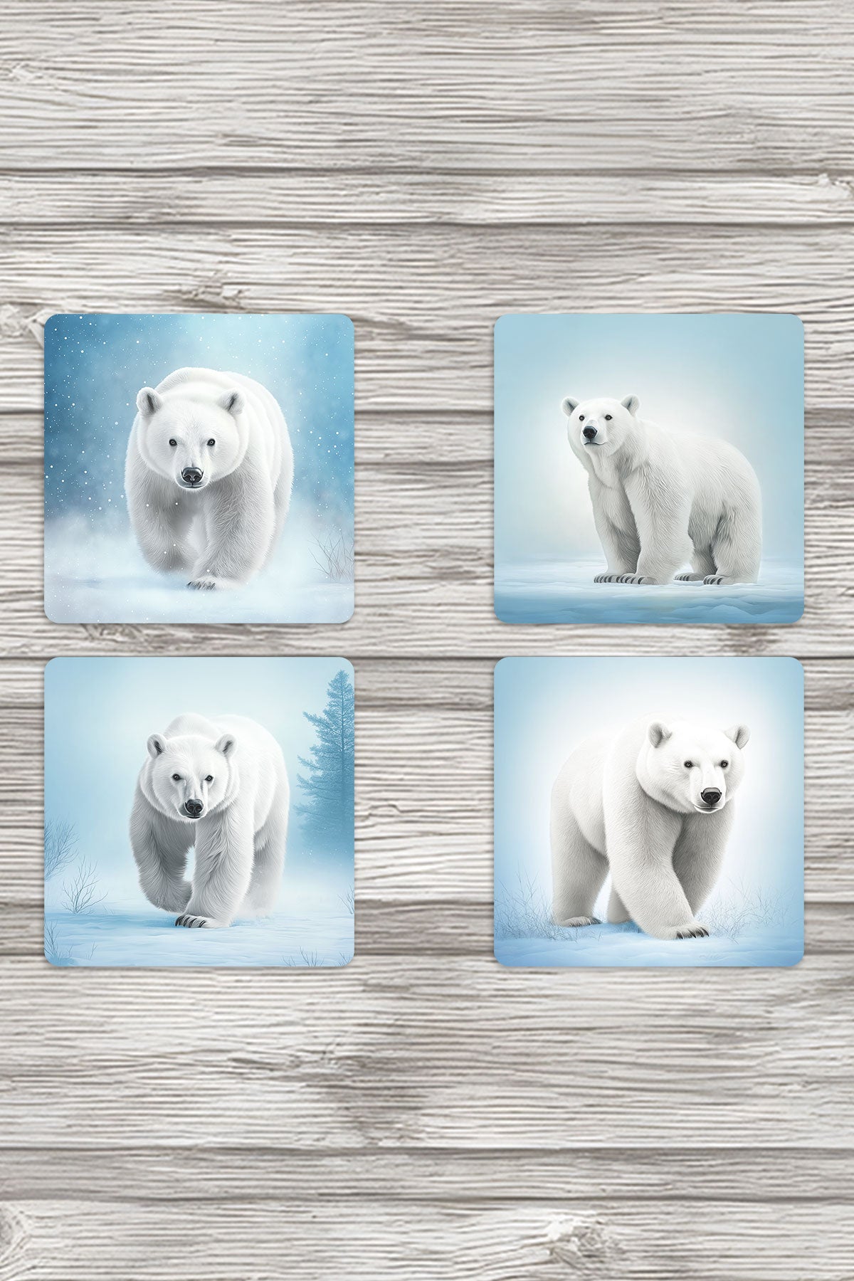 Kutup Ayısı Kış Temalı Baskılı 4'lü Set Dekoratif Ahşap Kare Bardak Altlığı