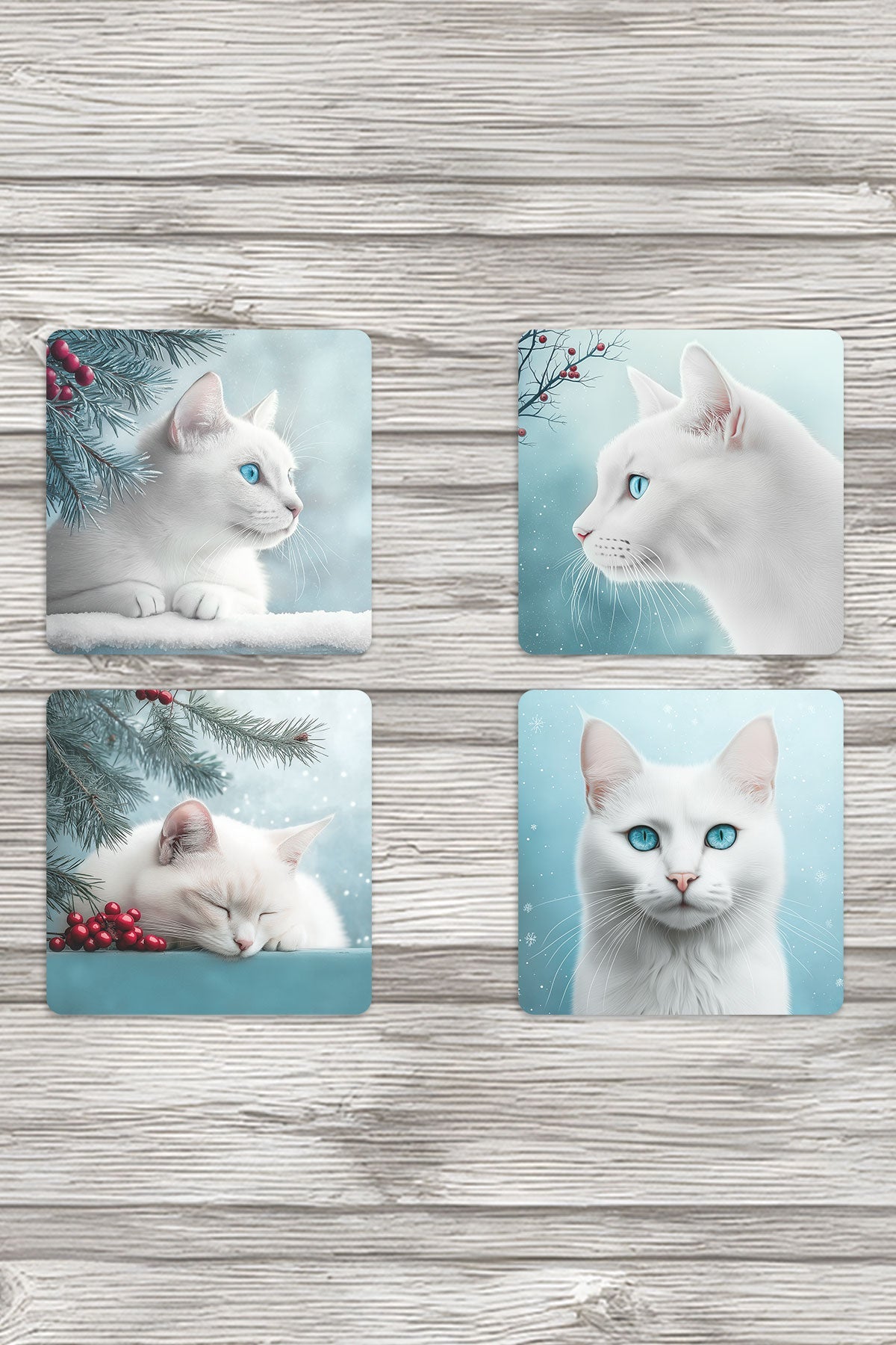 Beyaz Kedi Kış Temalı Baskılı 4'lü Set Dekoratif Ahşap Kare Bardak Altlığı