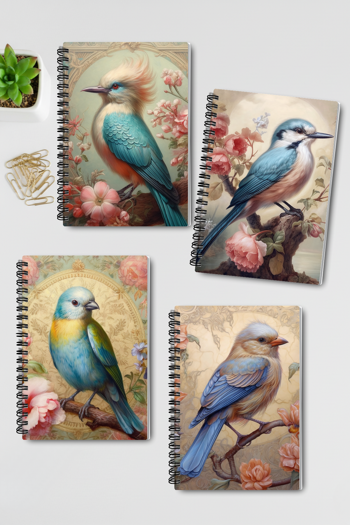 Vintage Kuş Temalı No:1 Tasarım Tel Spiralli 4'lü Hatıra Günlük Ajanda Anı Okul Defter Seti