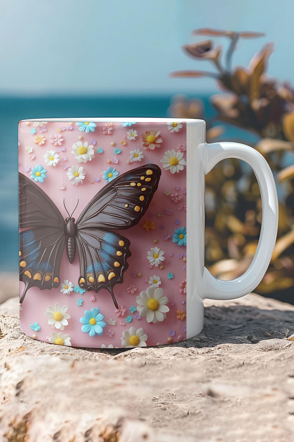 3D Görünümlü Kelebek Ve Çiçek Desenli Baskılı Kupa Bardak