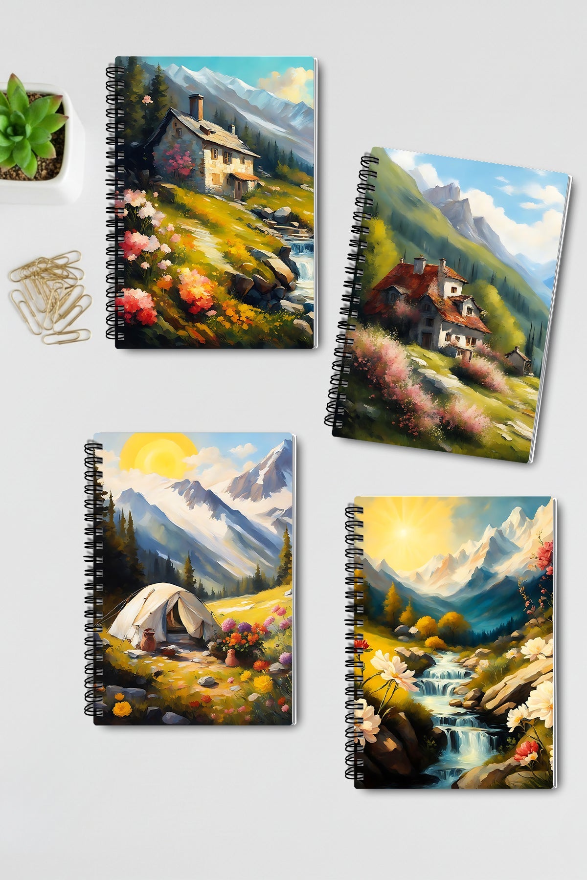 Doğa Temalı Manzara Tasarım Tel Spiralli 4'lü Hatıra Günlük Ajanda Anı Okul Defter Seti