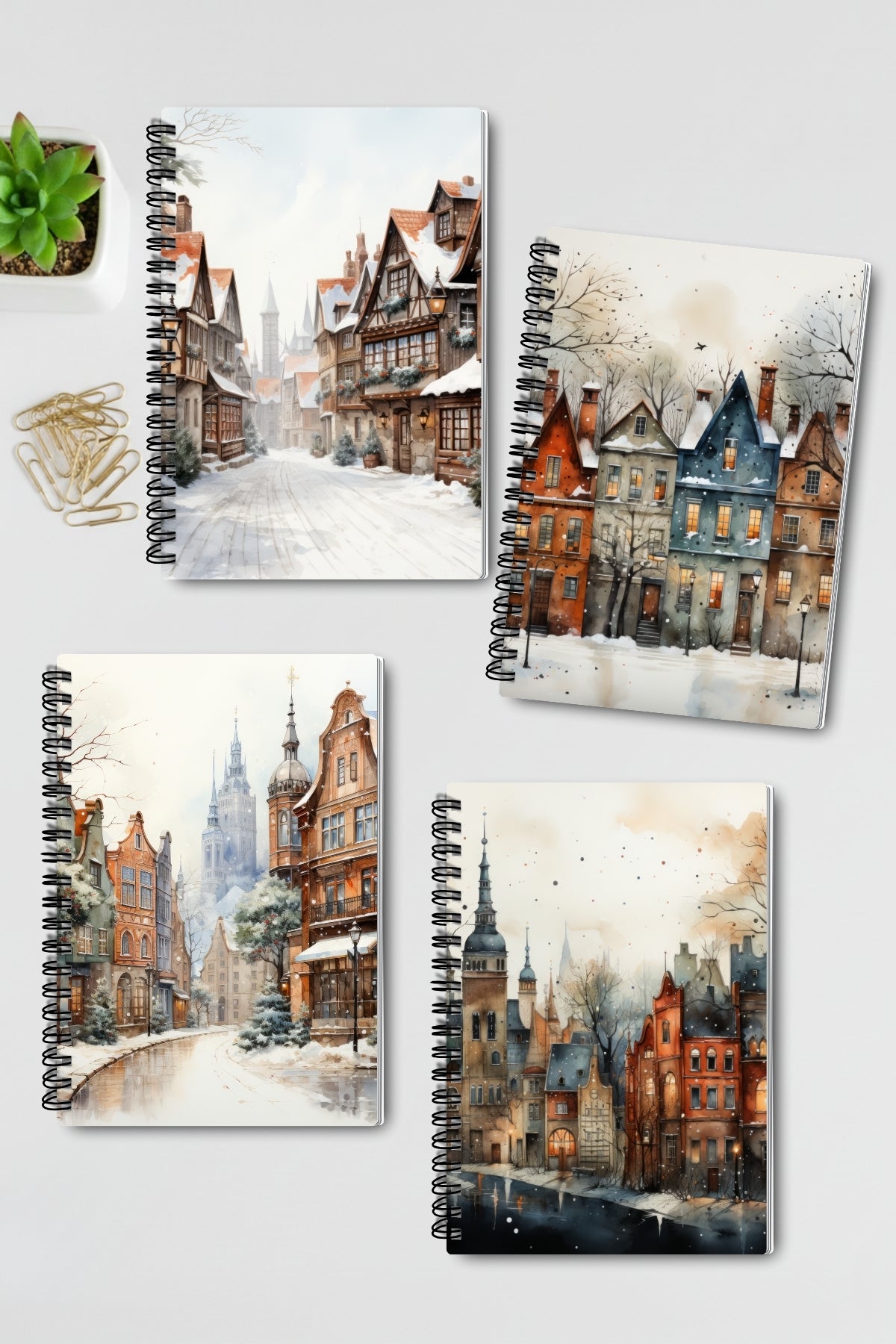 Rustik Kış Temalı Şehirler Tasarım Tel Spiralli 4'lü Hatıra Günlük Ajanda Anı Okul Defter Seti