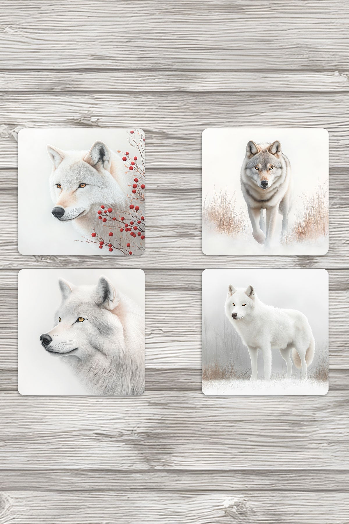 Beyaz Kurt Kış Temalı Baskılı 4'lü Set Dekoratif Ahşap Kare Bardak Altlığı