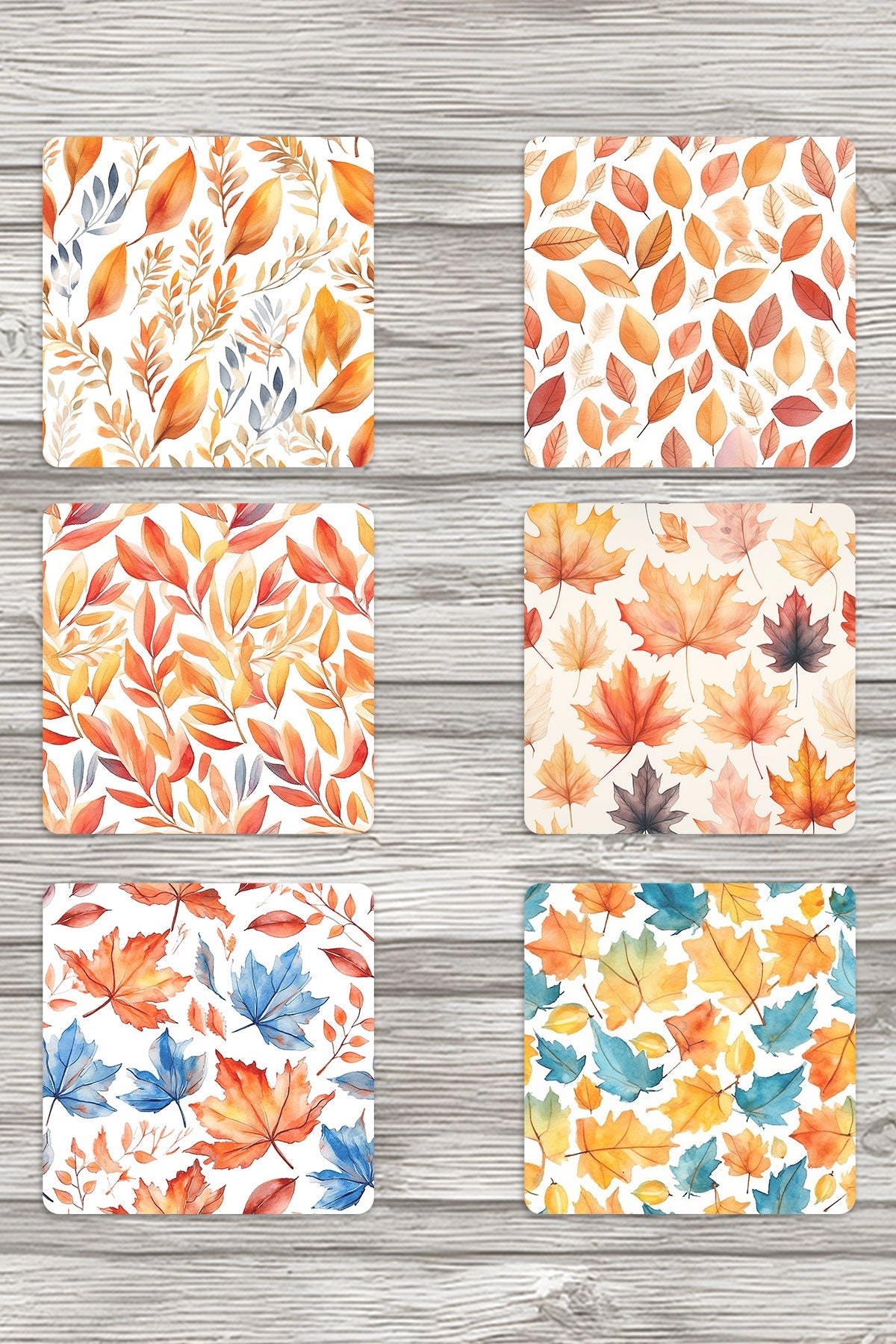 Sonbahar Yaprakları No:1 Baskılı 6'lı Set Dekoratif Ahşap Kare Bardak Altlığı