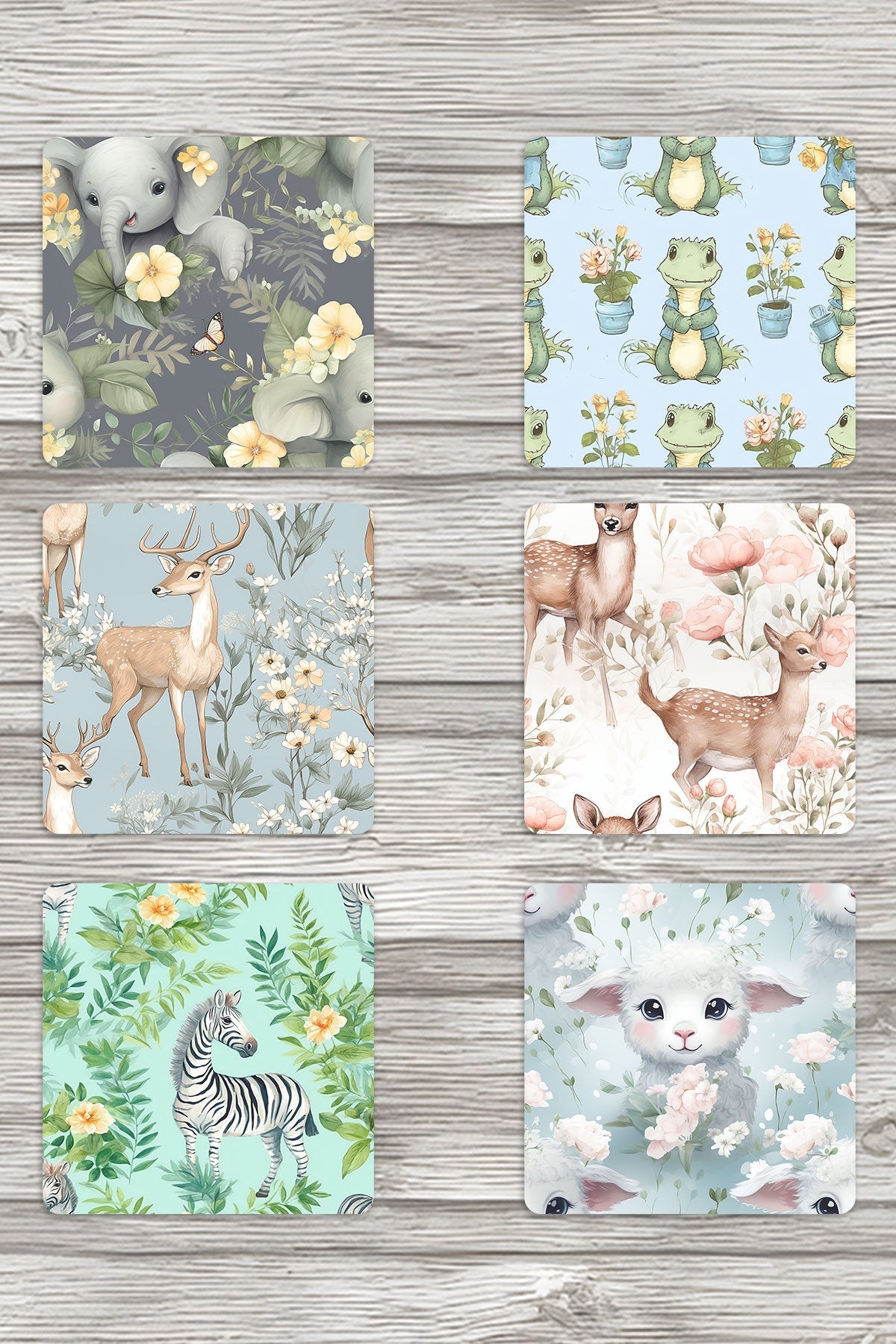 Yavru Sevimli Hayvanlar No:1 Baskılı 6'lı Set Dekoratif Ahşap Kare Bardak Altlığı