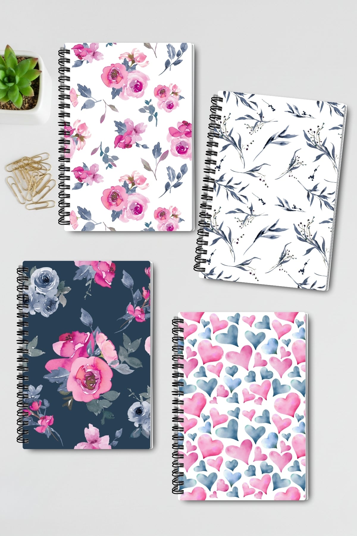 Suluboya Temalı Çiçekler Tasarım Tel Spiralli 4'lü Hatıra Günlük Ajanda Anı Okul Defter Seti