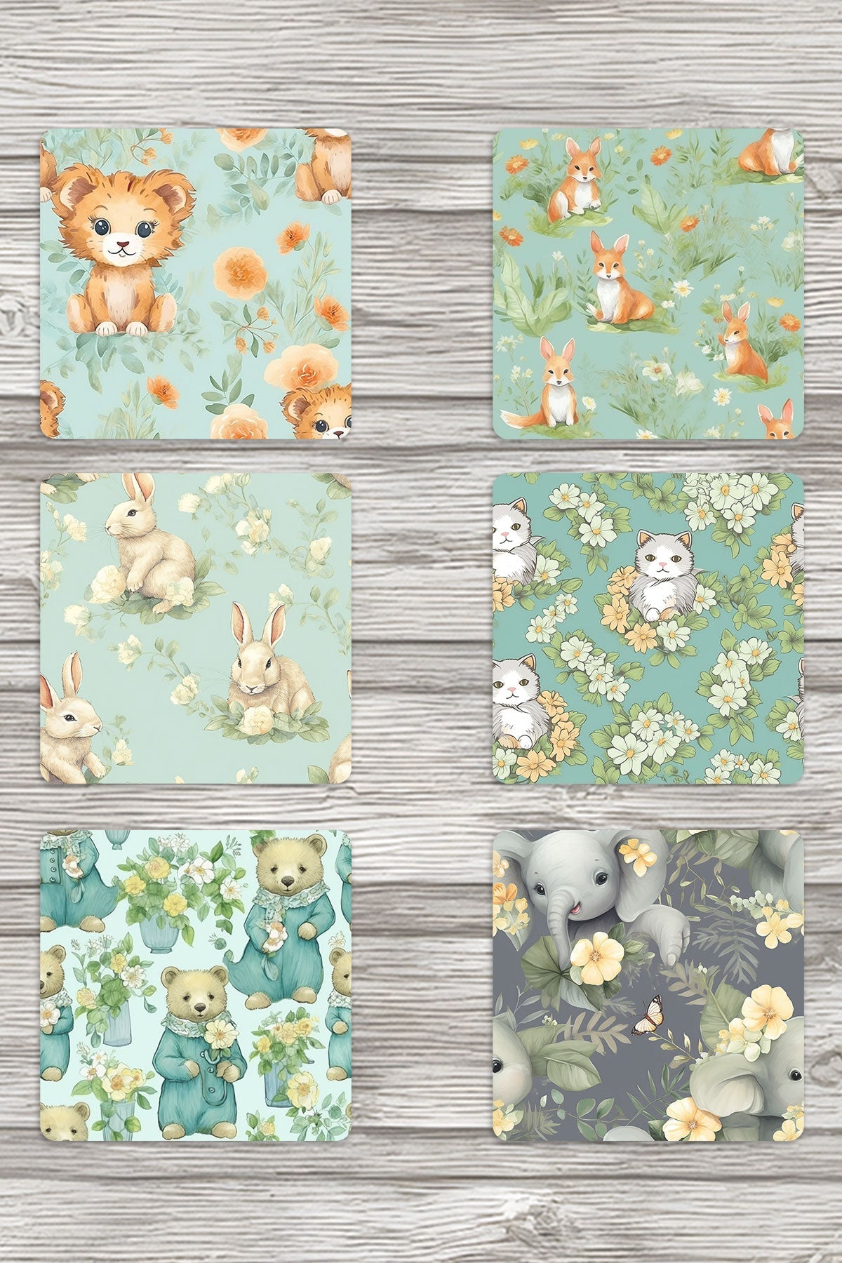 Yavru Sevimli Hayvanlar No:2 Baskılı 6'lı Set Dekoratif Ahşap Kare Bardak Altlığı