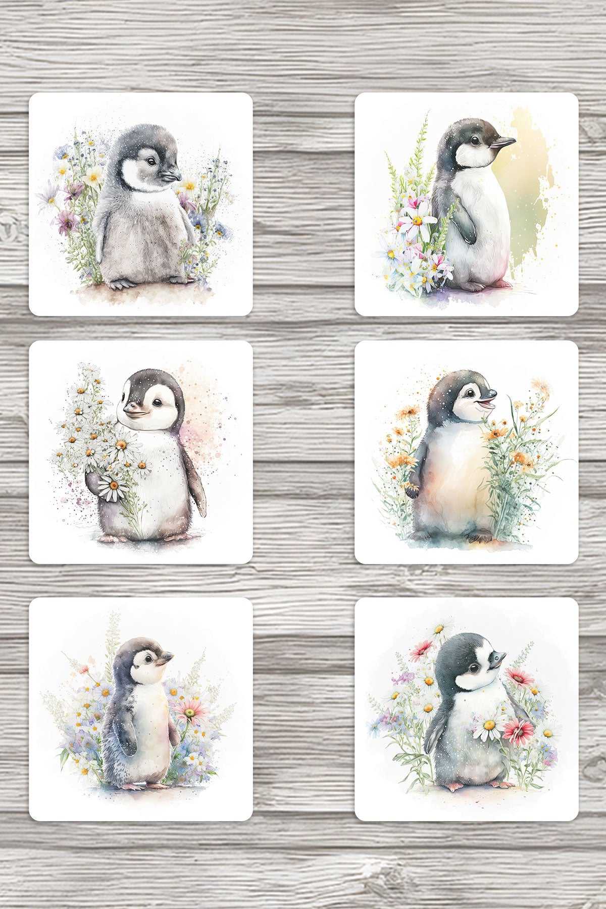 Sevimli Penguen Baskılı 6'lı Set Dekoratif Ahşap Kare Bardak Altlığı