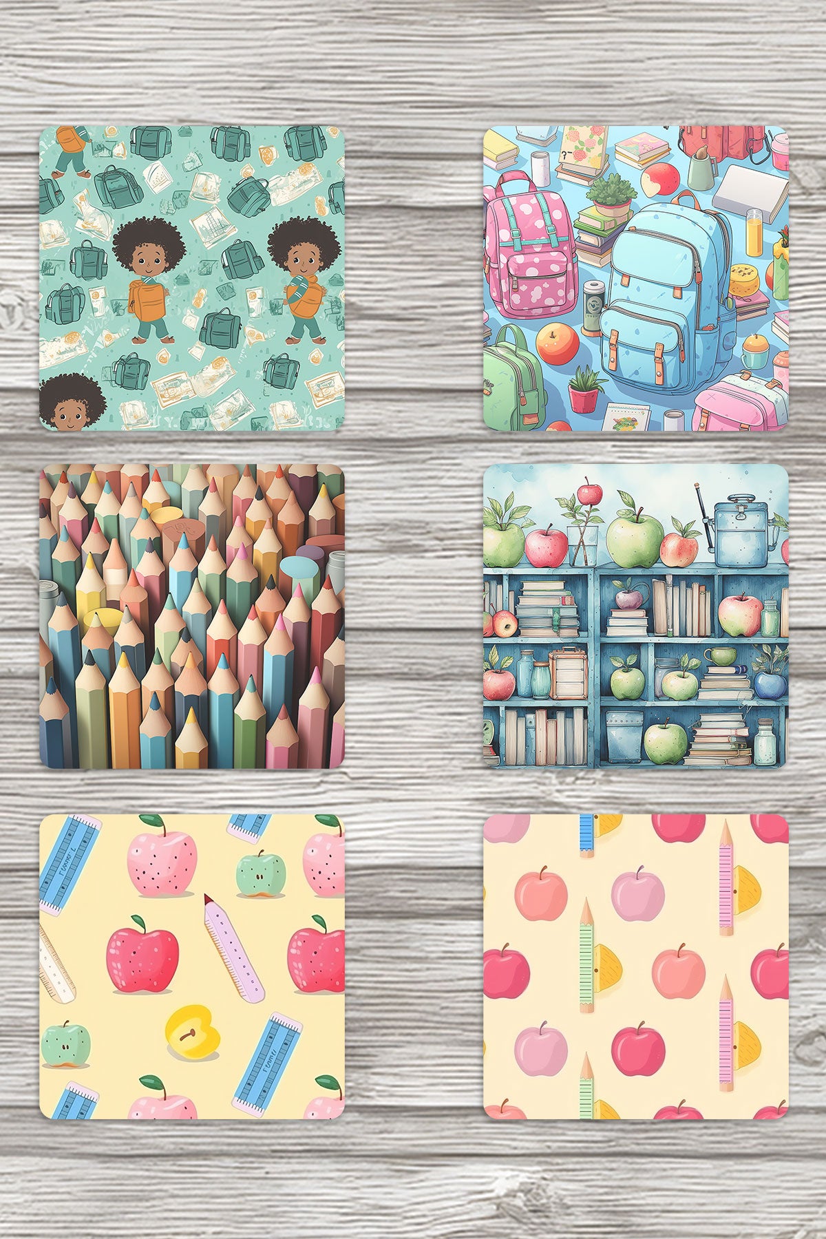 Bej Çiçekler No:1 Baskılı 6'lı Set Dekoratif Ahşap Kare Bardak Altlığı