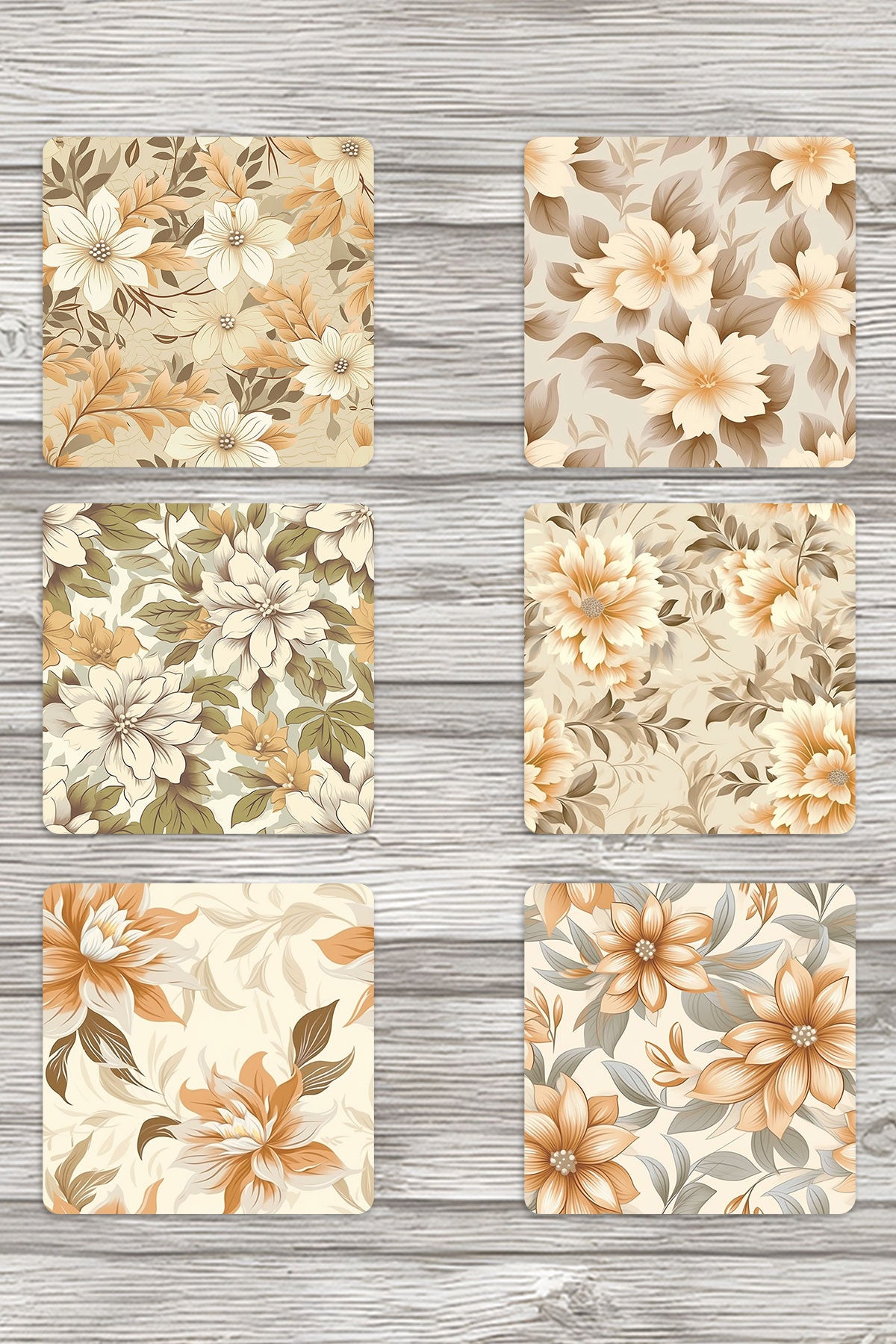 Bej Çiçekler No:3 Baskılı 6'lı Set Dekoratif Ahşap Kare Bardak Altlığı