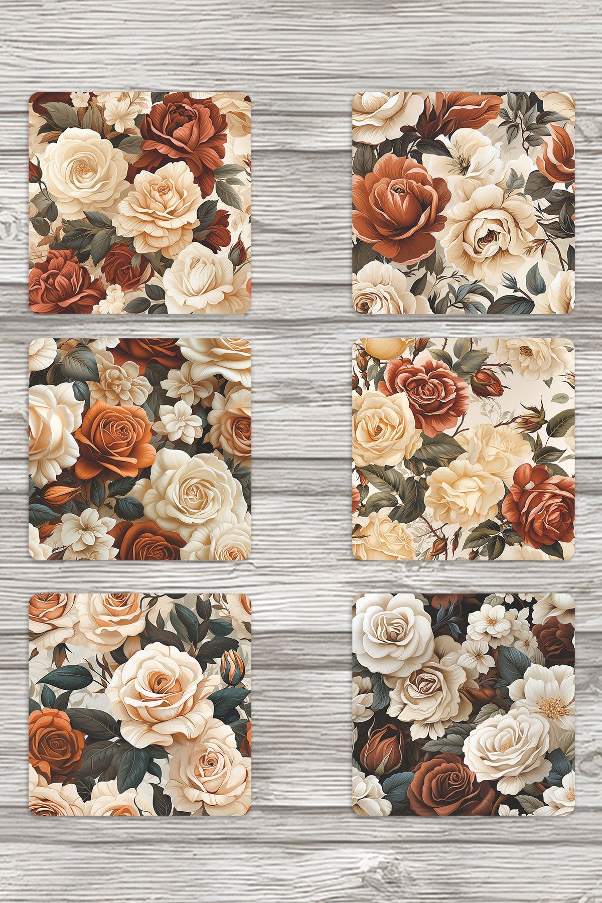 Bej Güller No:2 Baskılı 6'lı Set Dekoratif Ahşap Kare Bardak Altlığı