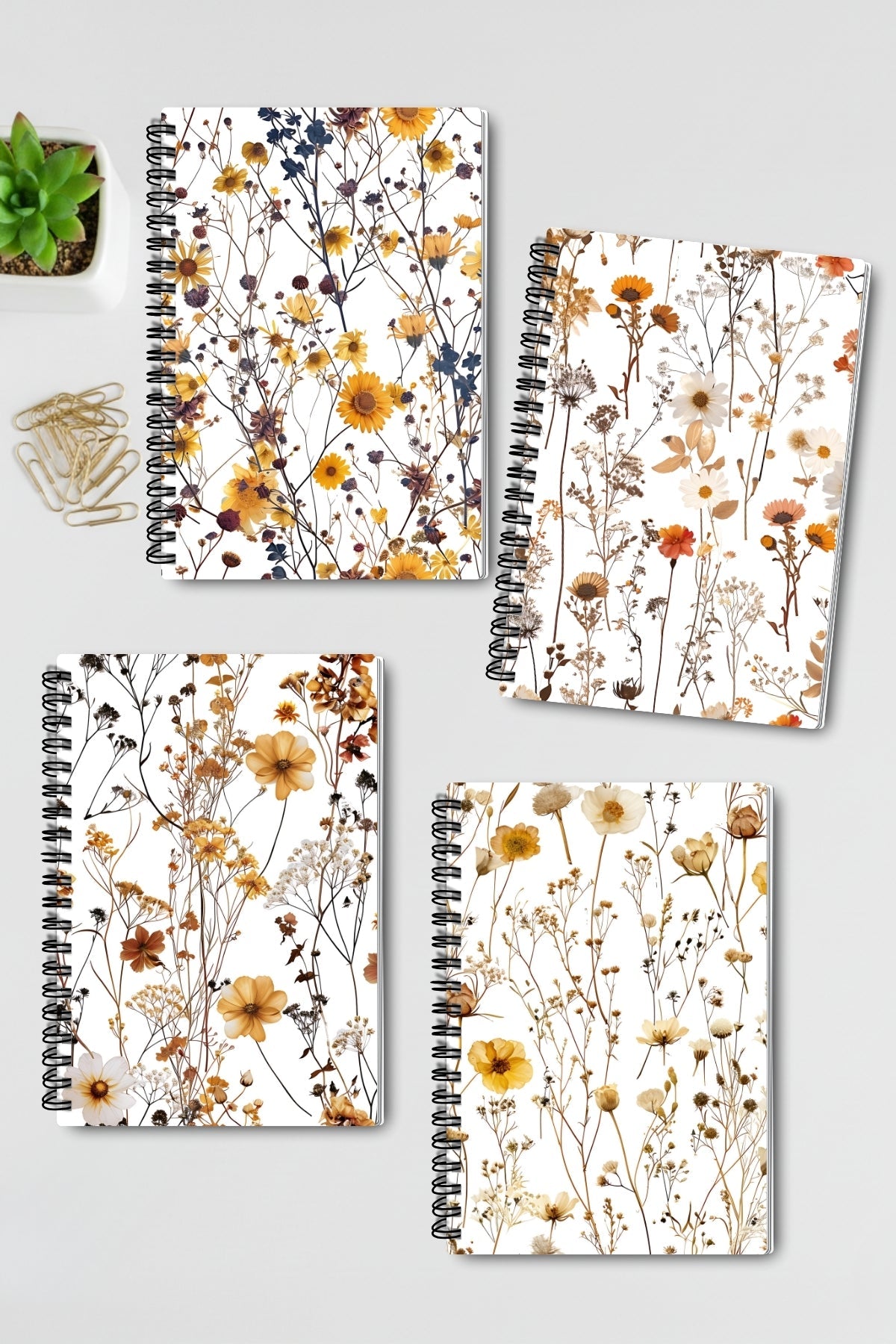 Sonbahar Yaban Çiçekleri Tasarım Tel Spiralli 4'lü Hatıra Günlük Ajanda Anı Okul Defter Seti