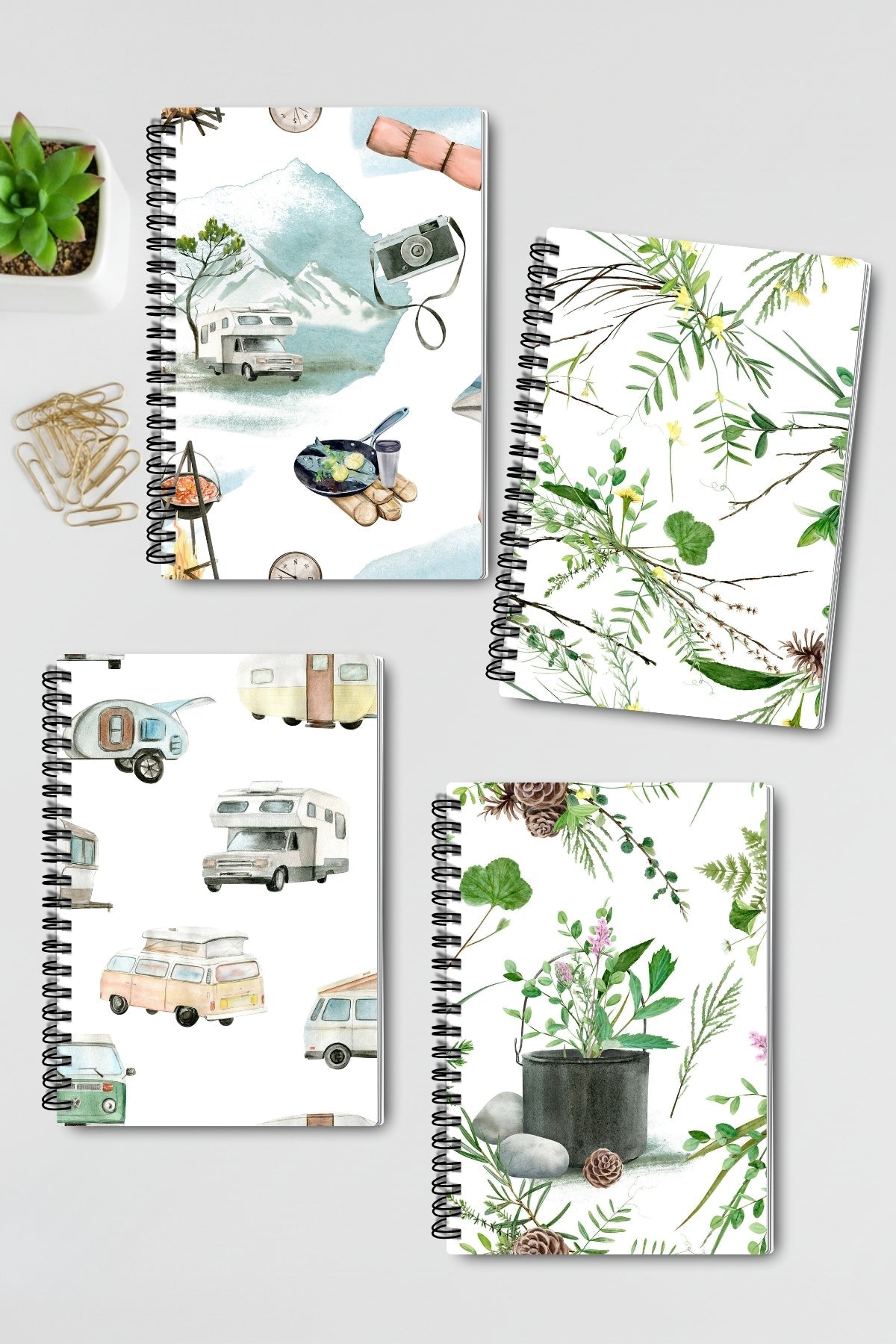 Doğa ve Kamp Temalı Tasarım Tel Spiralli 4'lü Hatıra Günlük Ajanda Anı Okul Defter Seti