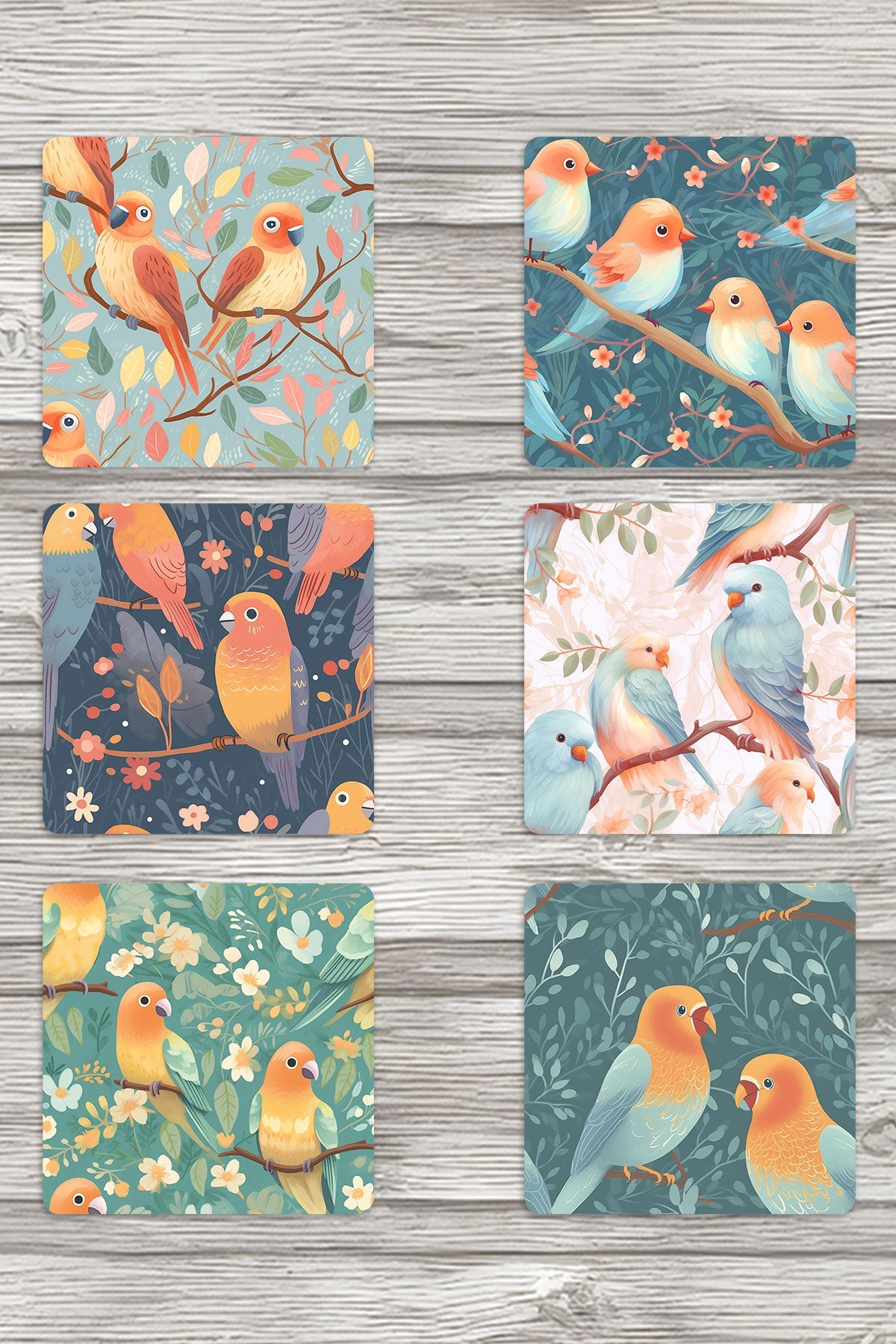 Minik Kuşlar No:3 Baskılı 6'lı Set Dekoratif Ahşap Kare Bardak Altlığı