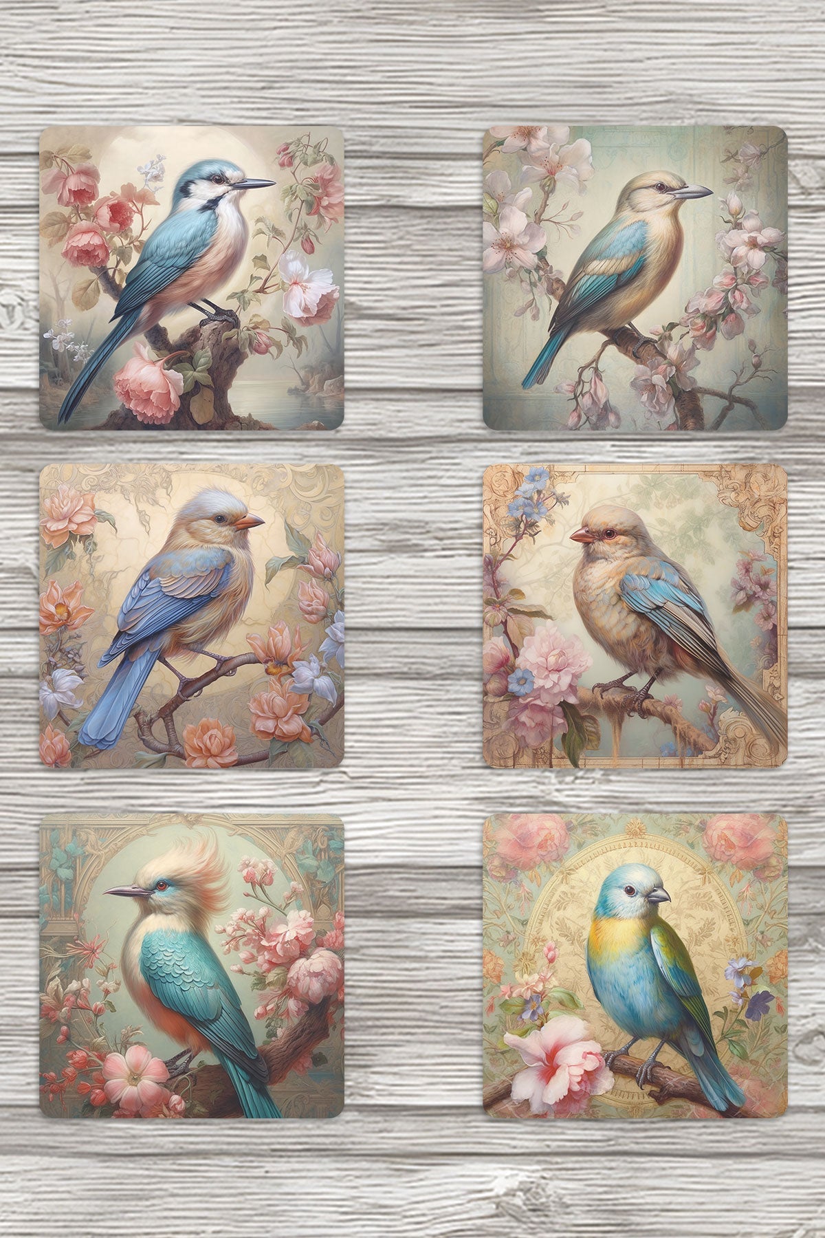 Vintage Kuş Temalı No:1 Baskılı 6'lı Set Dekoratif Ahşap Kare Bardak Altlığı
