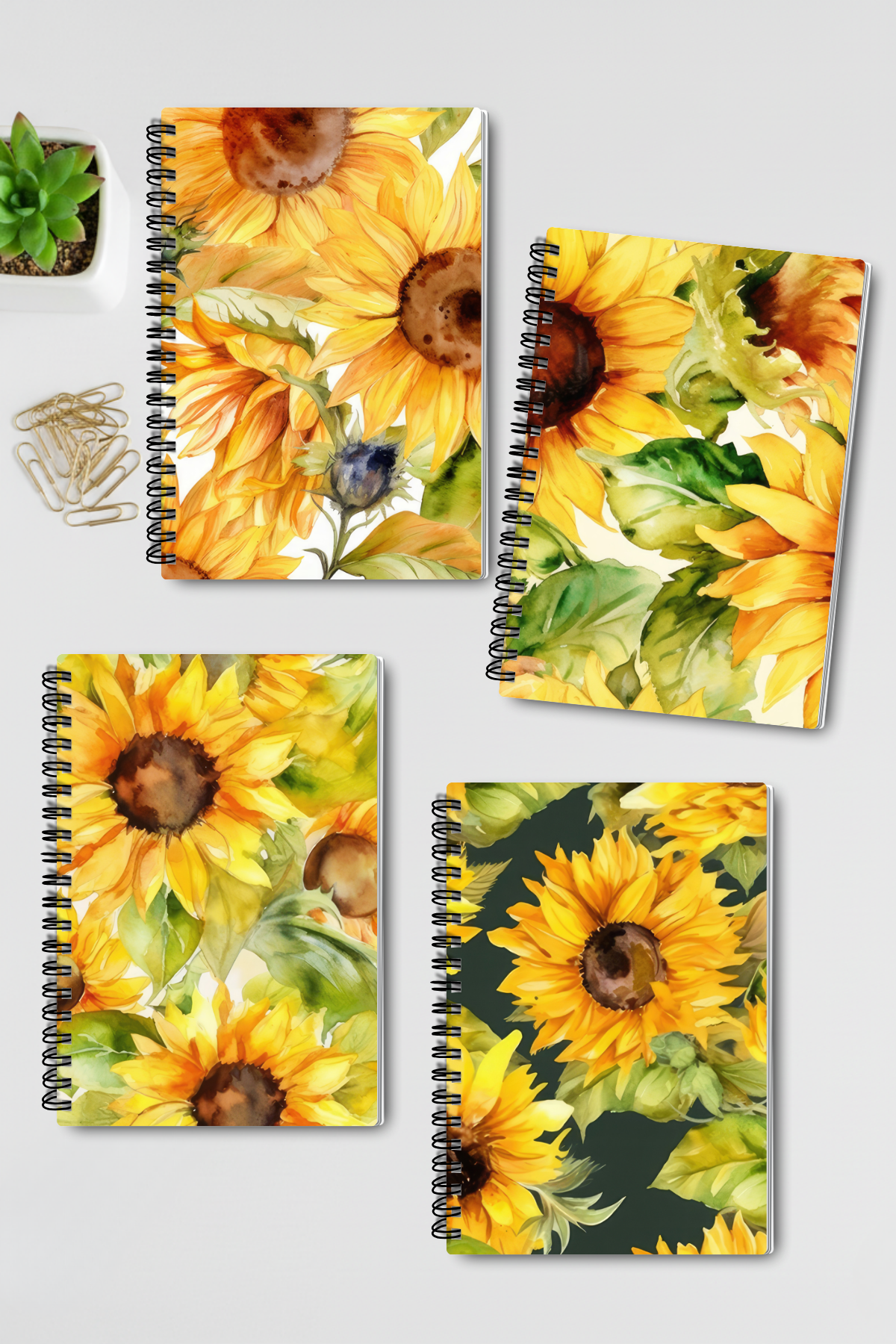 Doğa Temalı Ayçiçekleri Tasarım Tel Spiralli 4'lü Hatıra Günlük Ajanda Anı Okul Defter Seti