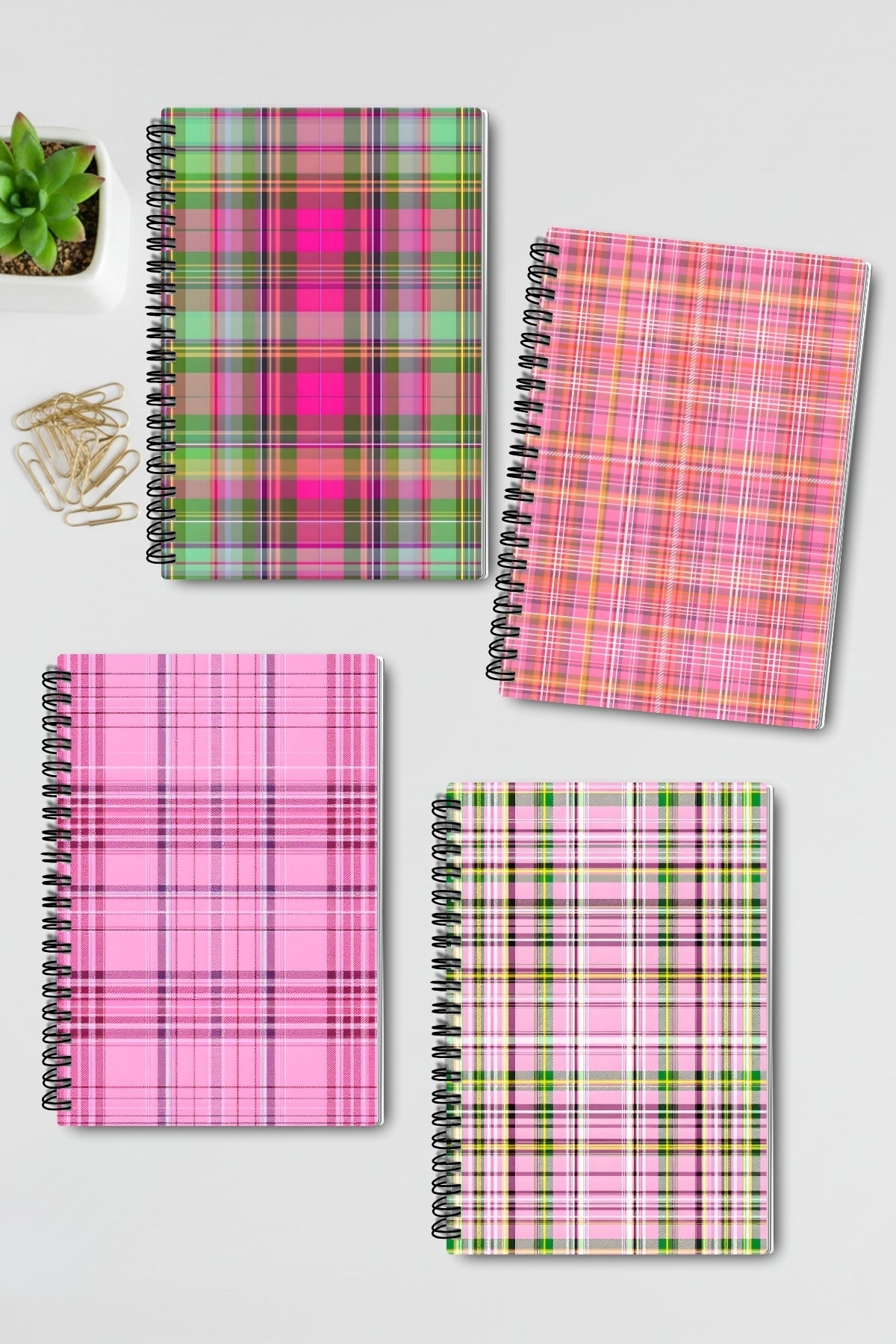 Vintage Ekose Desenli Tasarım Tel Spiralli 4'lü Hatıra Günlük Ajanda Anı Okul Defter Seti