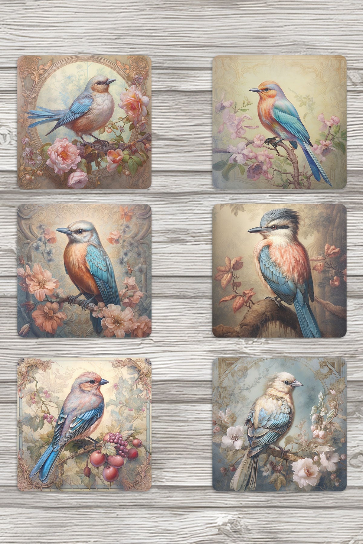 Vintage Kuş Temalı No:2 Baskılı 6'lı Set Dekoratif Ahşap Kare Bardak Altlığı
