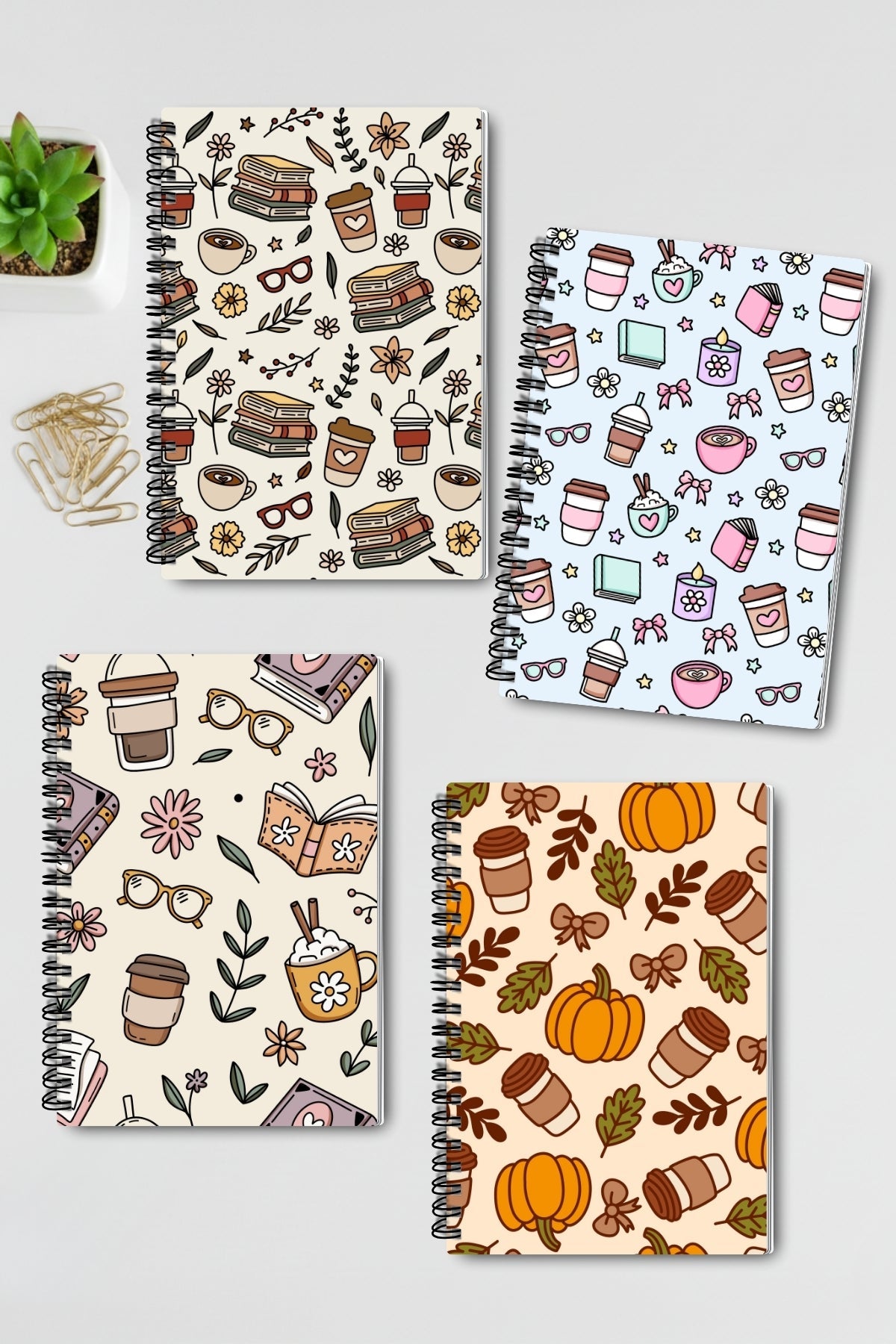 Sonbahar Kitap Kahve ve Çiçek Temalı Tasarım Tel Spiralli 4'lü Hatıra Günlük Okul Defter Seti