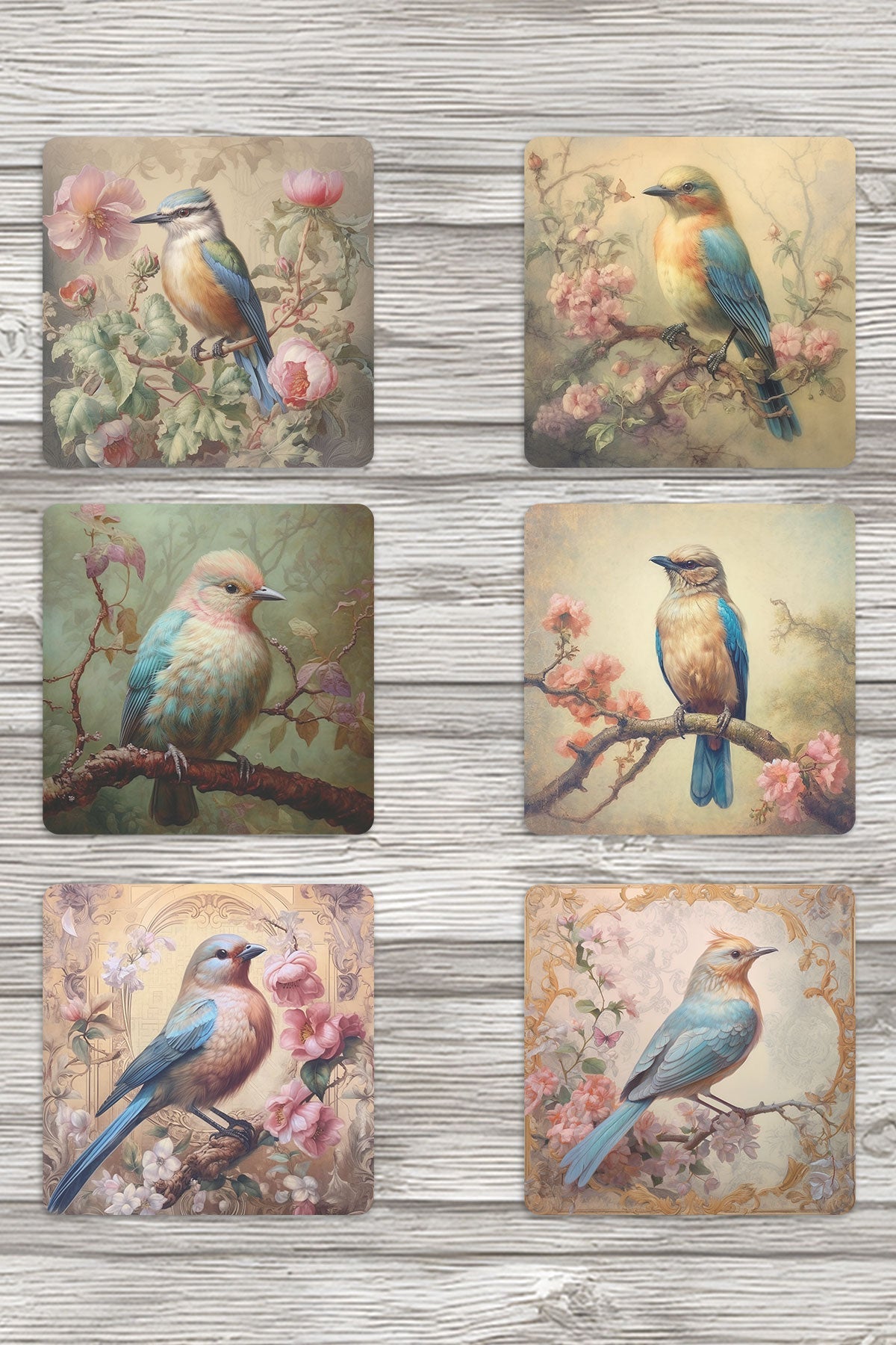 Vintage Kuş Temalı No:3 Baskılı 6'lı Set Dekoratif Ahşap Kare Bardak Altlığı