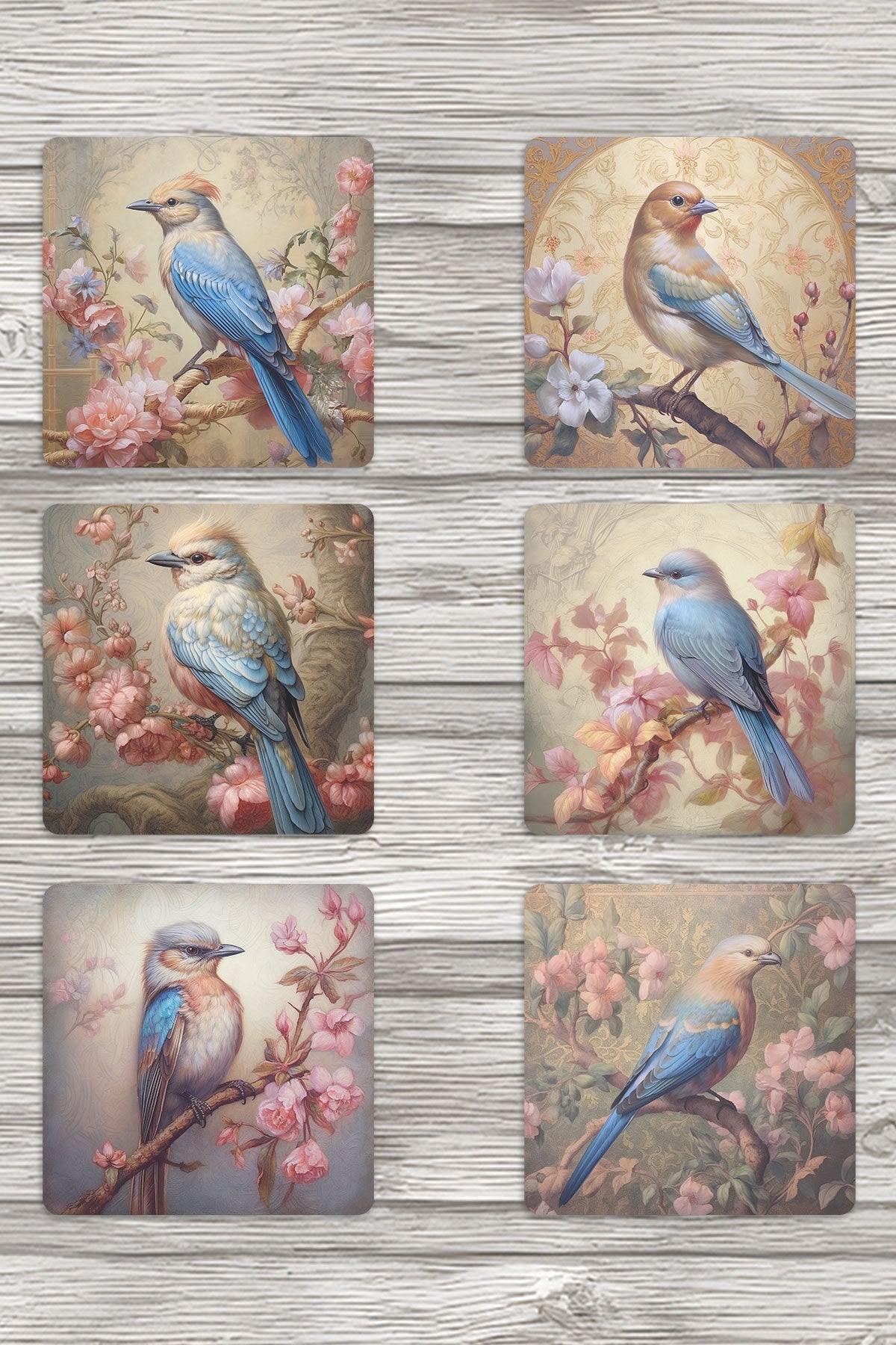 Vintage Kuş Temalı No:5 Baskılı 6'lı Set Dekoratif Ahşap Kare Bardak Altlığı