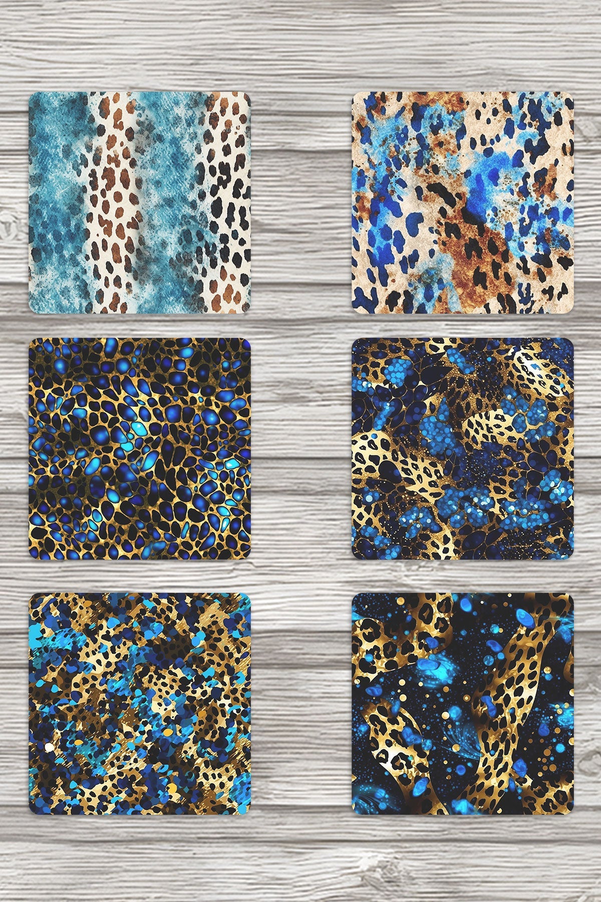 Okyanus Dalgaları Temalı No:2 Baskılı 6'lı Set Dekoratif Ahşap Kare Bardak Altlığı