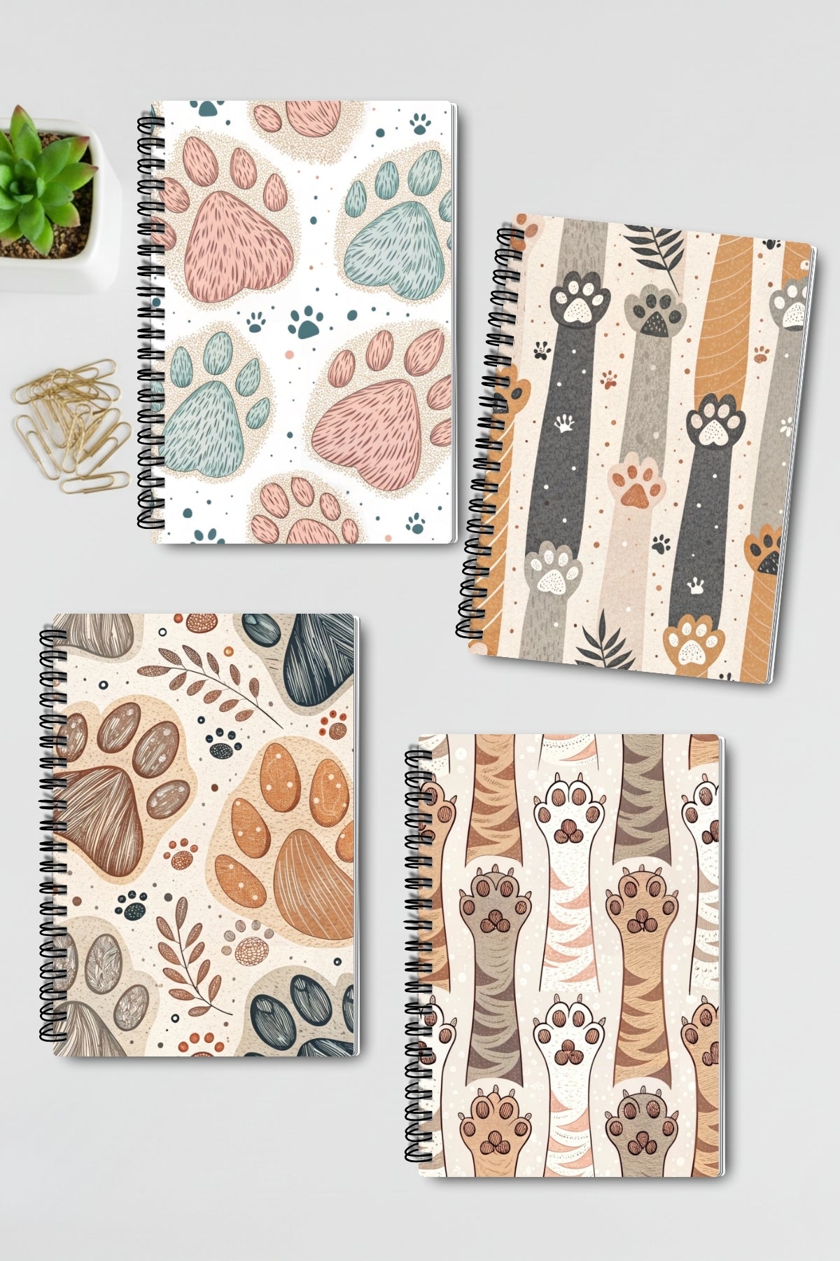 Sevimli Kedi Patileri Desenli Tasarım Tel Spiralli 4'lü Hatıra Günlük Anı Okul Defter Seti