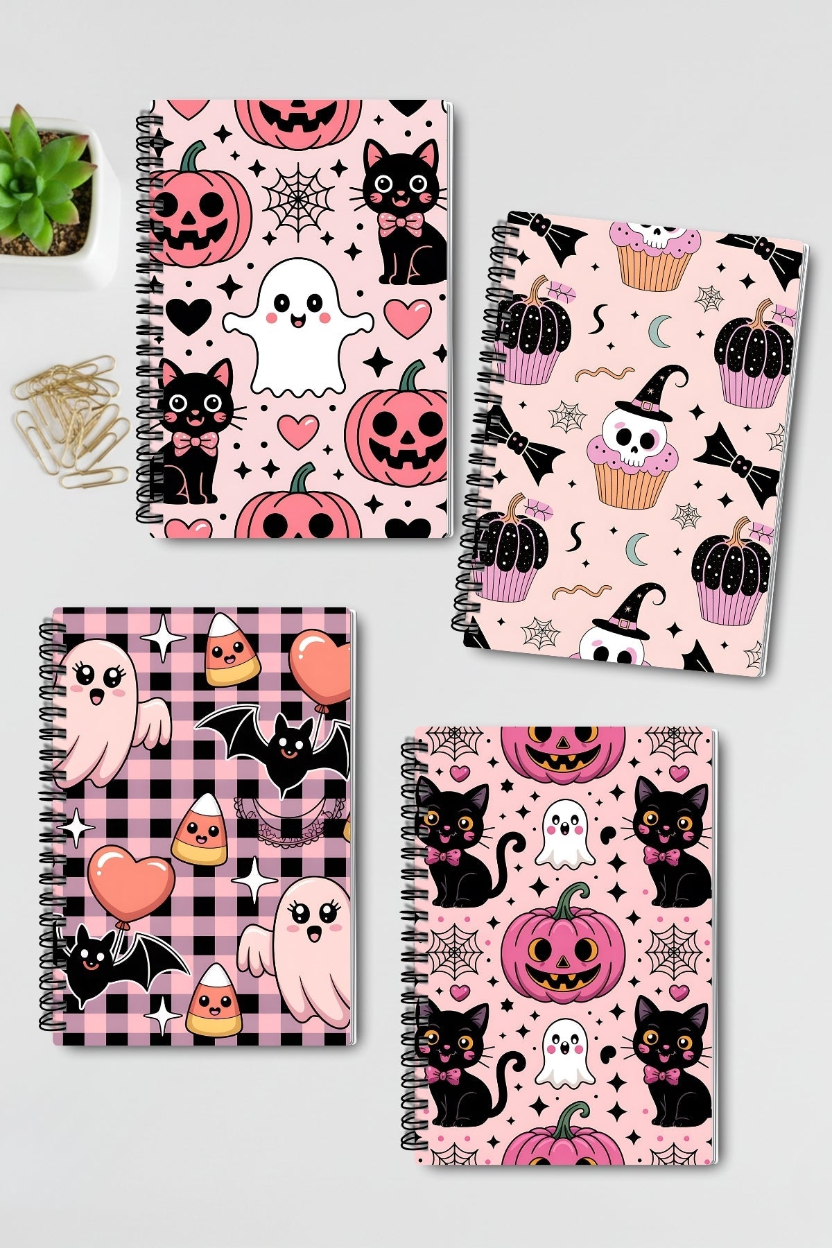Pembe Sevimli Cadılar Bayramı Temalı Tasarım Tel Spiralli 4'lü Günlük Ajanda Okul Defter Seti