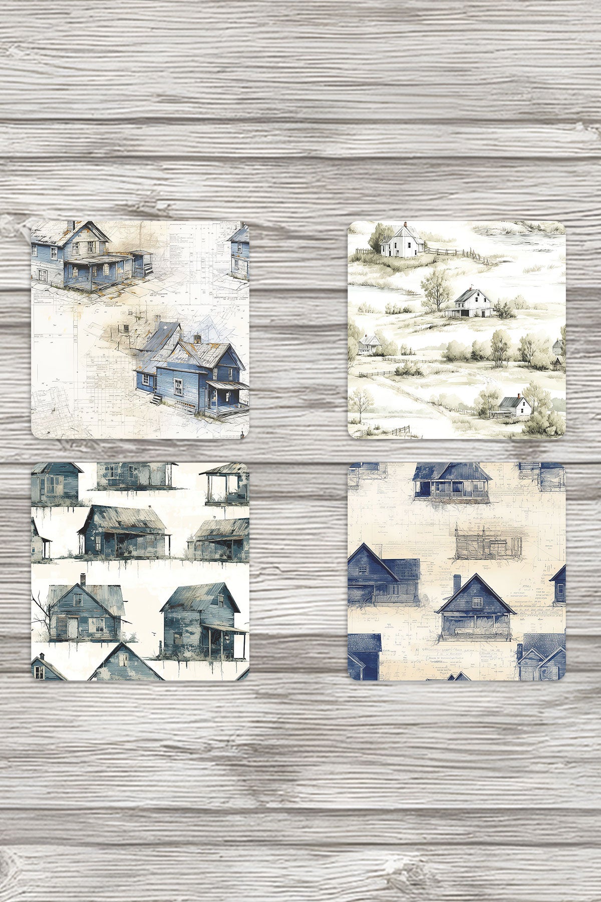 Nostaljik Evler Temalı No:2 Baskılı 4'lü Set Dekoratif Ahşap Kare Bardak Altlığı