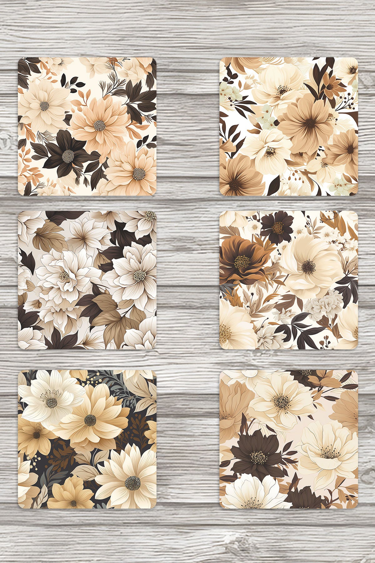 Boho Çiçekler No:1 Baskılı 6'lı Set Dekoratif Ahşap Kare Bardak Altlığı