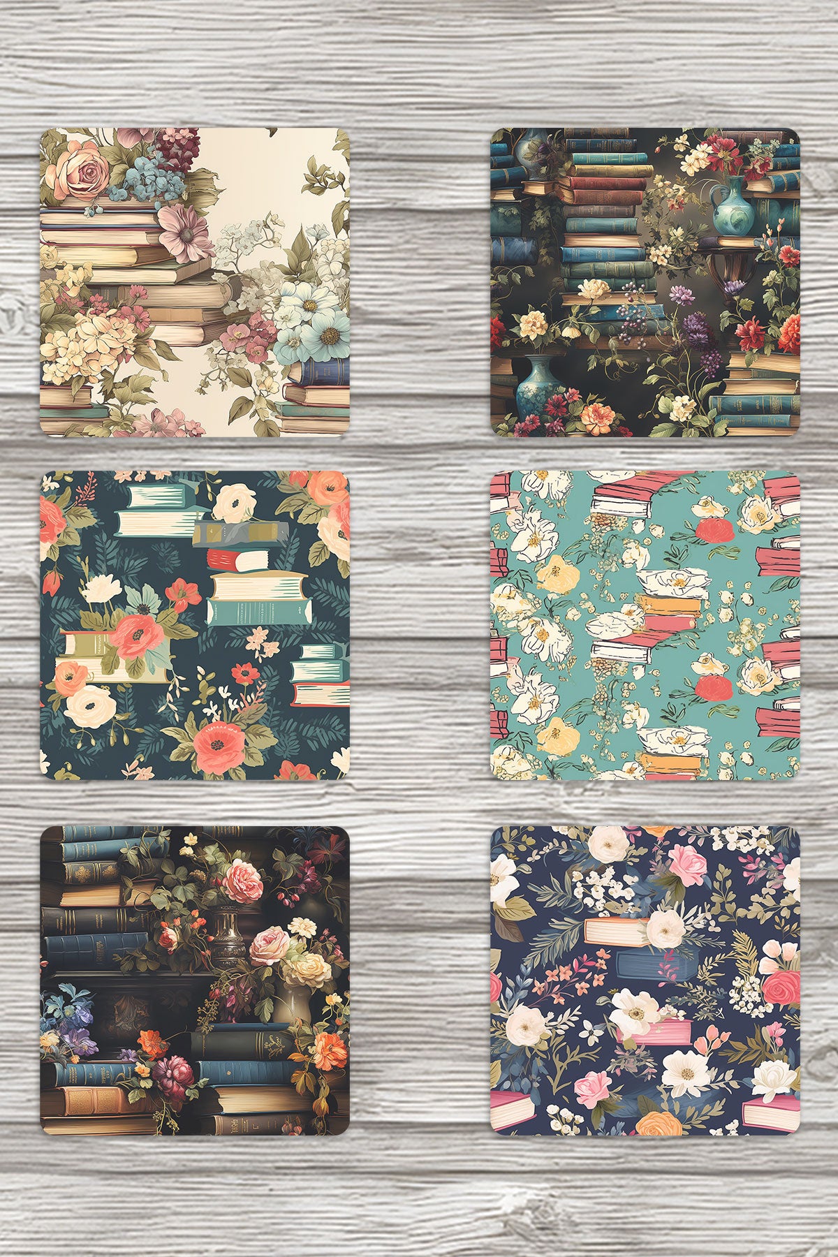 Çiçek ve Kitaplar No:2 Baskılı 6'lı Set Dekoratif Ahşap Kare Bardak Altlığı
