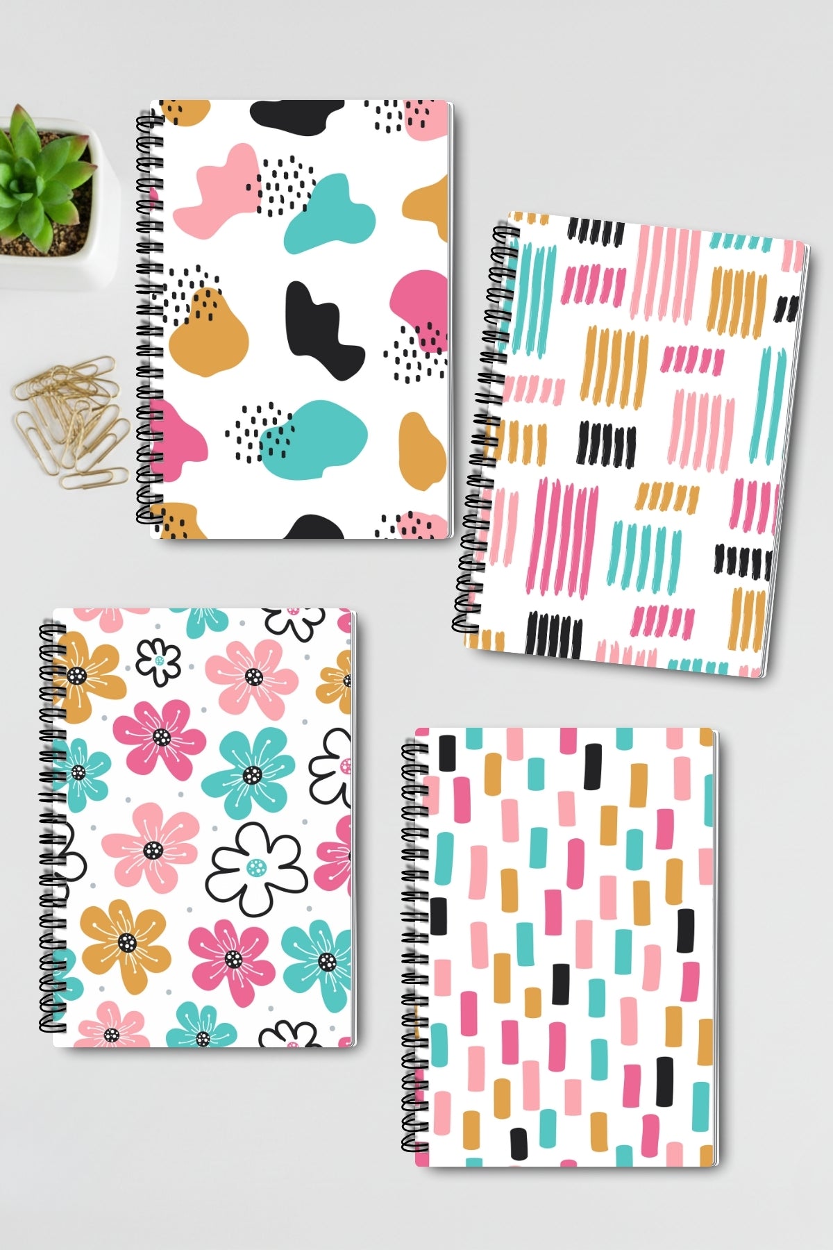 Sevimli Doodle Desenli Tasarım Tel Spiralli 4'lü Hatıra Günlük Ajanda Anı Okul Defter Seti