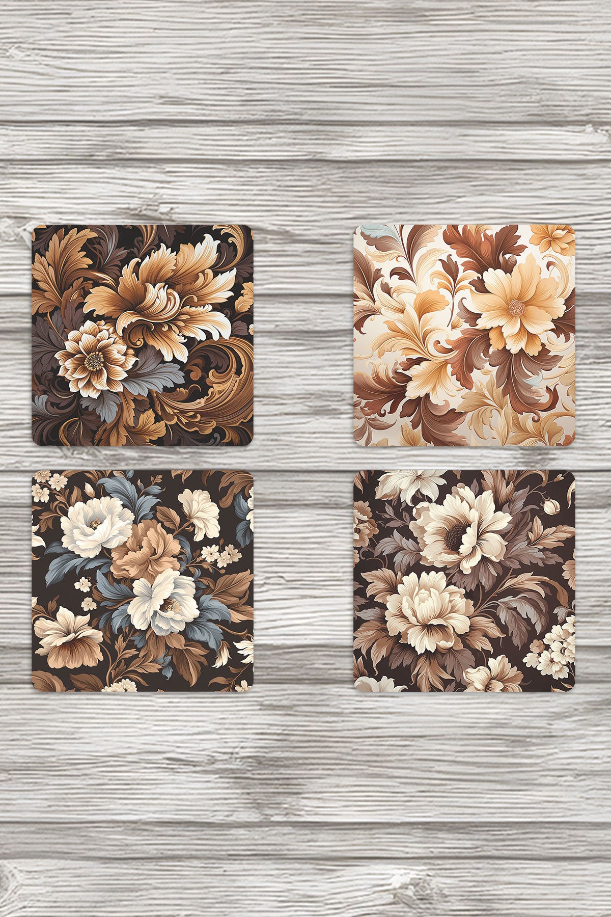 Kahverengi Temalı Çiçekler No:3 Baskılı 6'lı Set Dekoratif Ahşap Kare Bardak Altlığı
