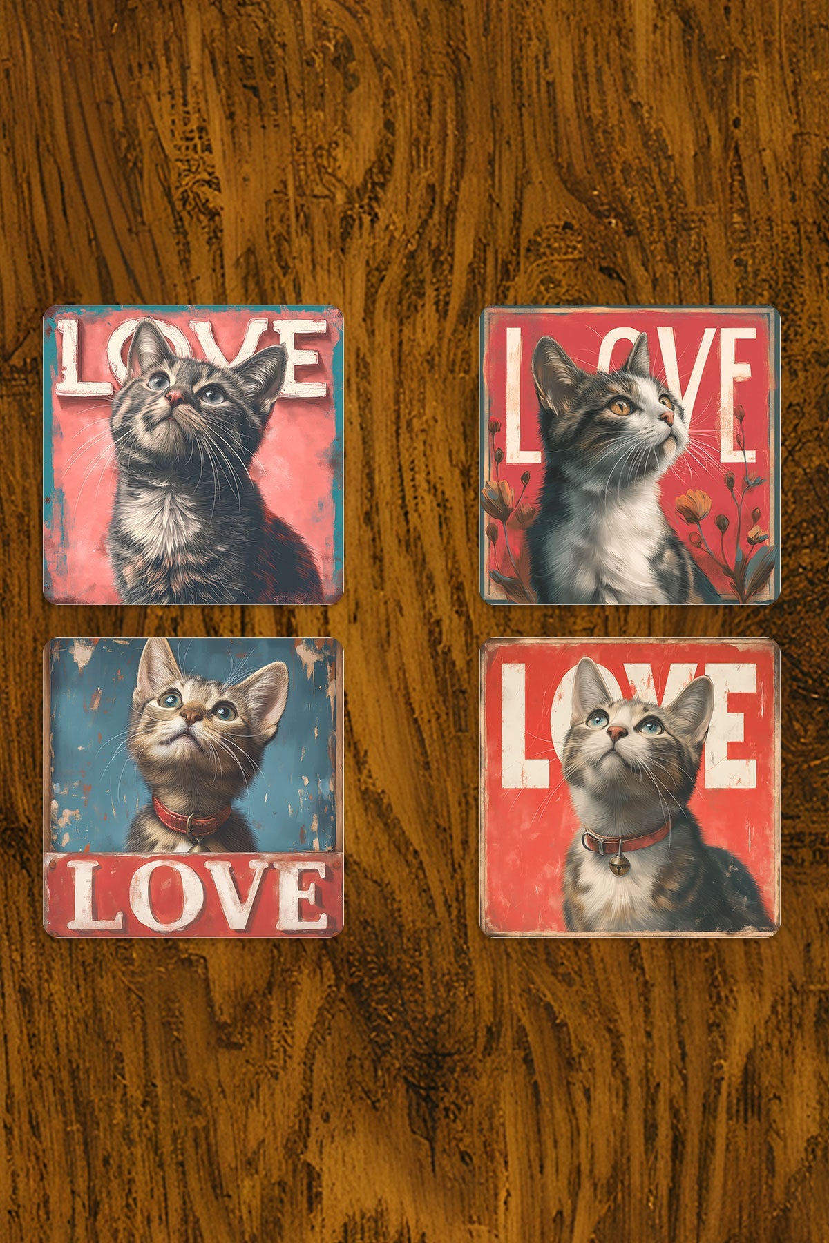 Sevimli Kediler Love Baskılı 4'lü Set Dekoratif Ahşap Kare Bardak Altlığı