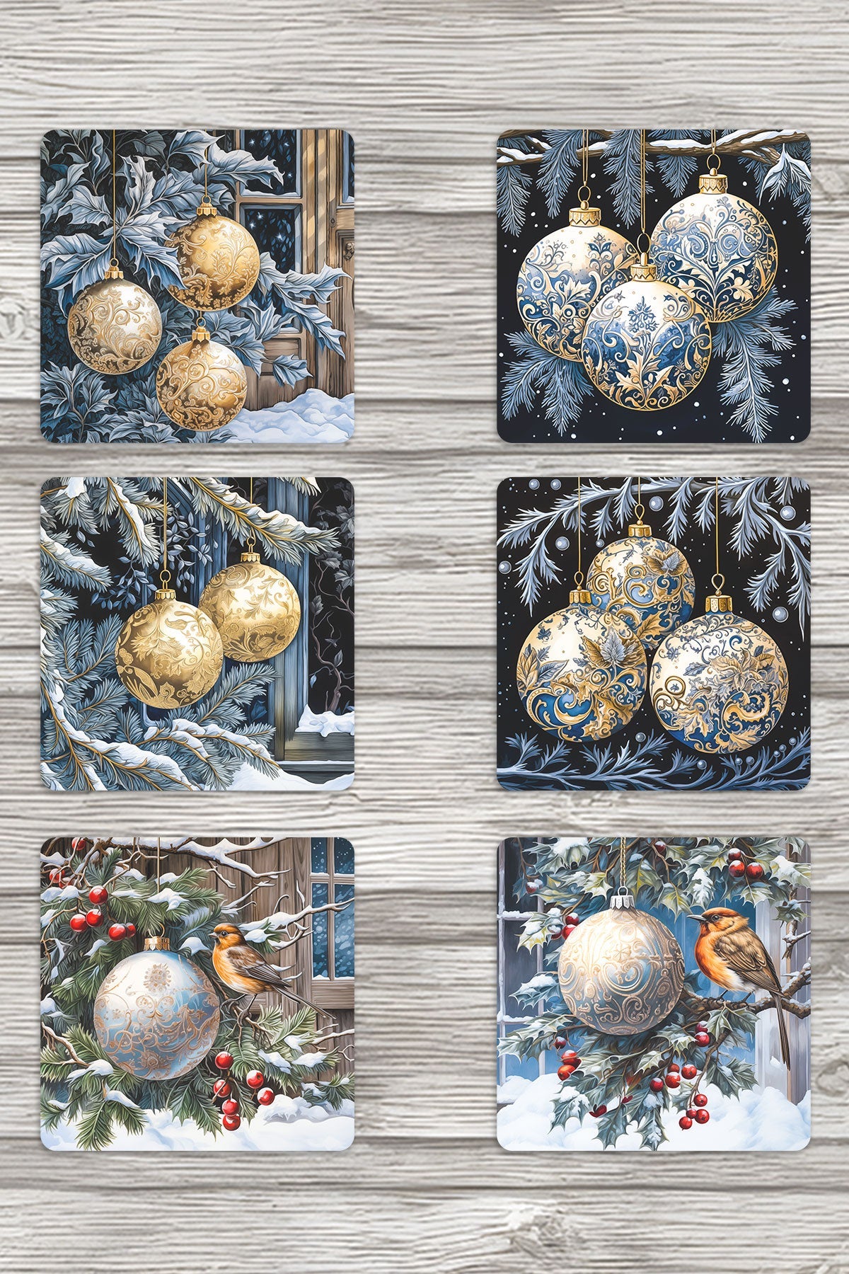 Yılbaşı Süsleri No:1 Baskılı 6'lı Set Dekoratif Ahşap Kare Bardak Altlığı