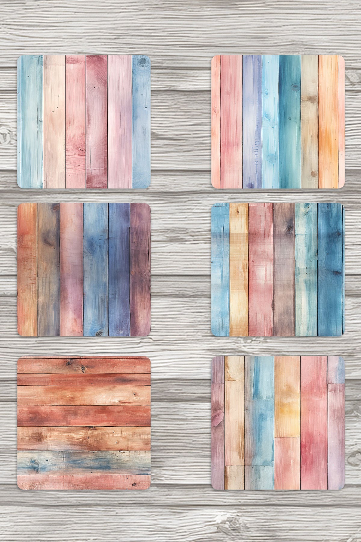 Renkli Ahşaplar No:1 Baskılı 6'lı Set Dekoratif Ahşap Kare Bardak Altlığı