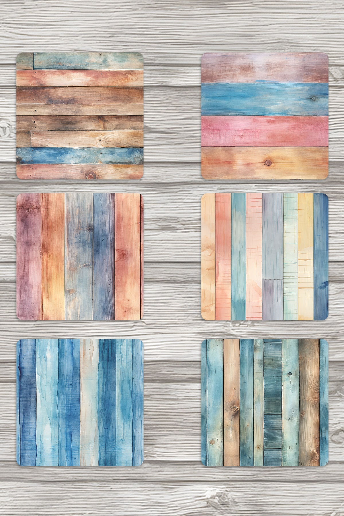 Renkli Ahşaplar No:2 Baskılı 6'lı Set Dekoratif Ahşap Kare Bardak Altlığı