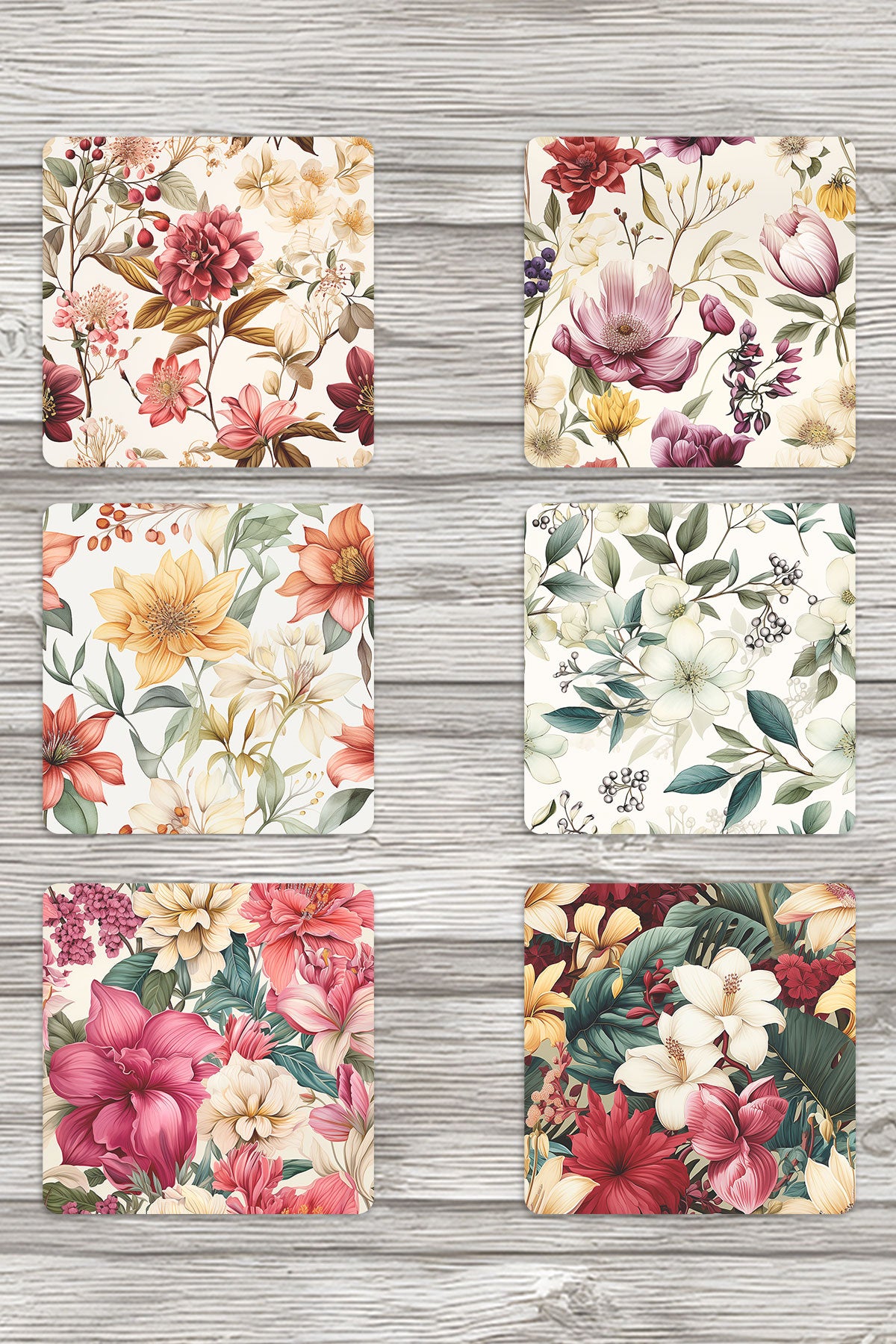 Sonbahar Botanik Çiçekler No:1 Baskılı 6'lı Set Dekoratif Ahşap Kare Bardak Altlığı
