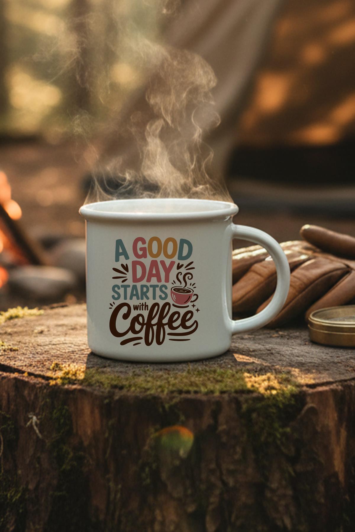 A Good Day Start With Coffee Baskılı Enamel Görünümlü Seramik Vintage Kupa Bardak