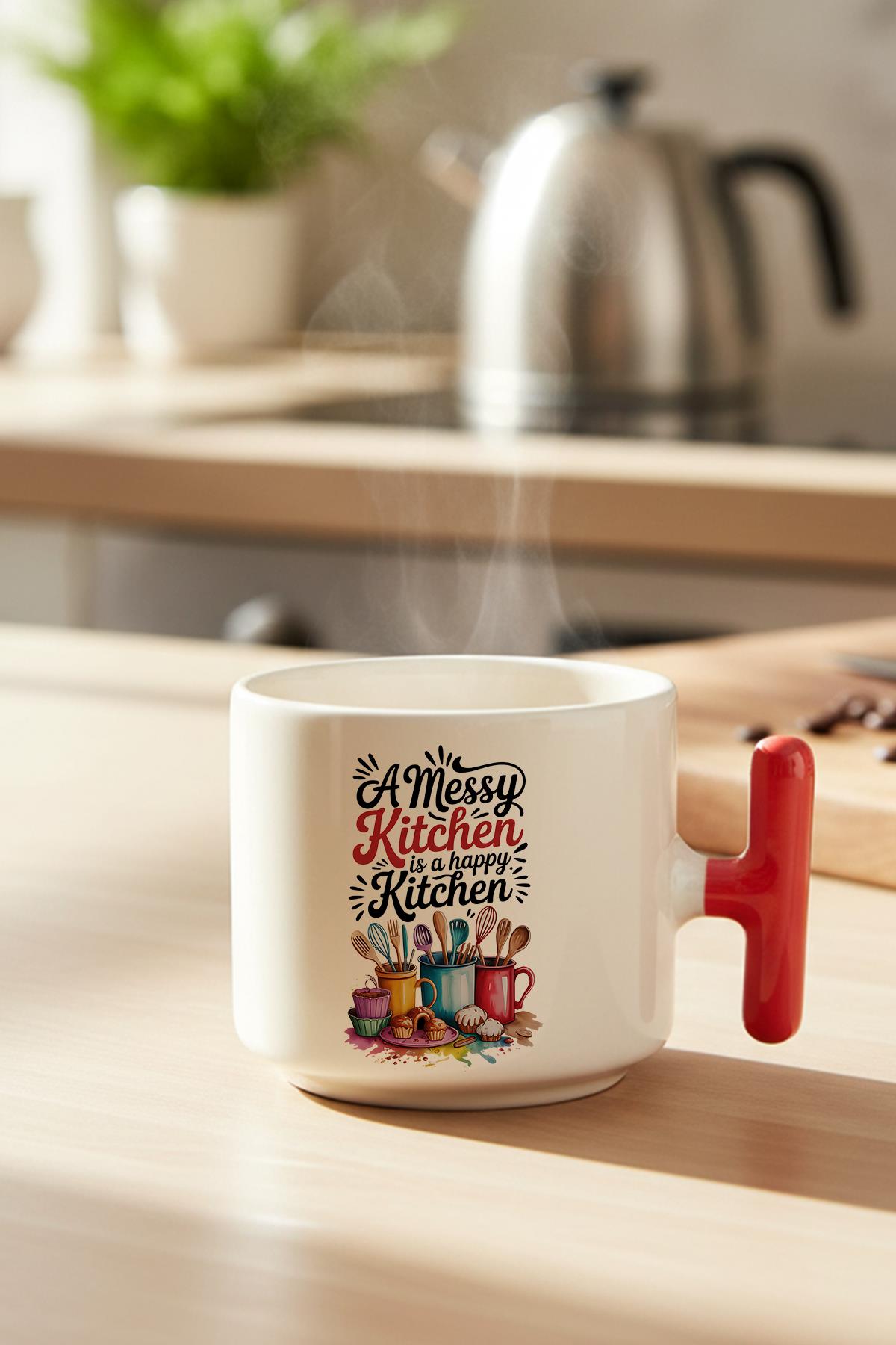 A Messy Kitchen Baskılı Hediyelik T Kulplu Latte Fincanı Kupa Bardak