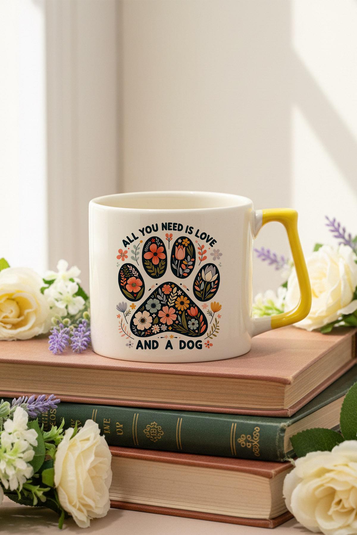 All You Need Is Love And A Dog Baskılı Sarı D Kulplu Kupa Bardak