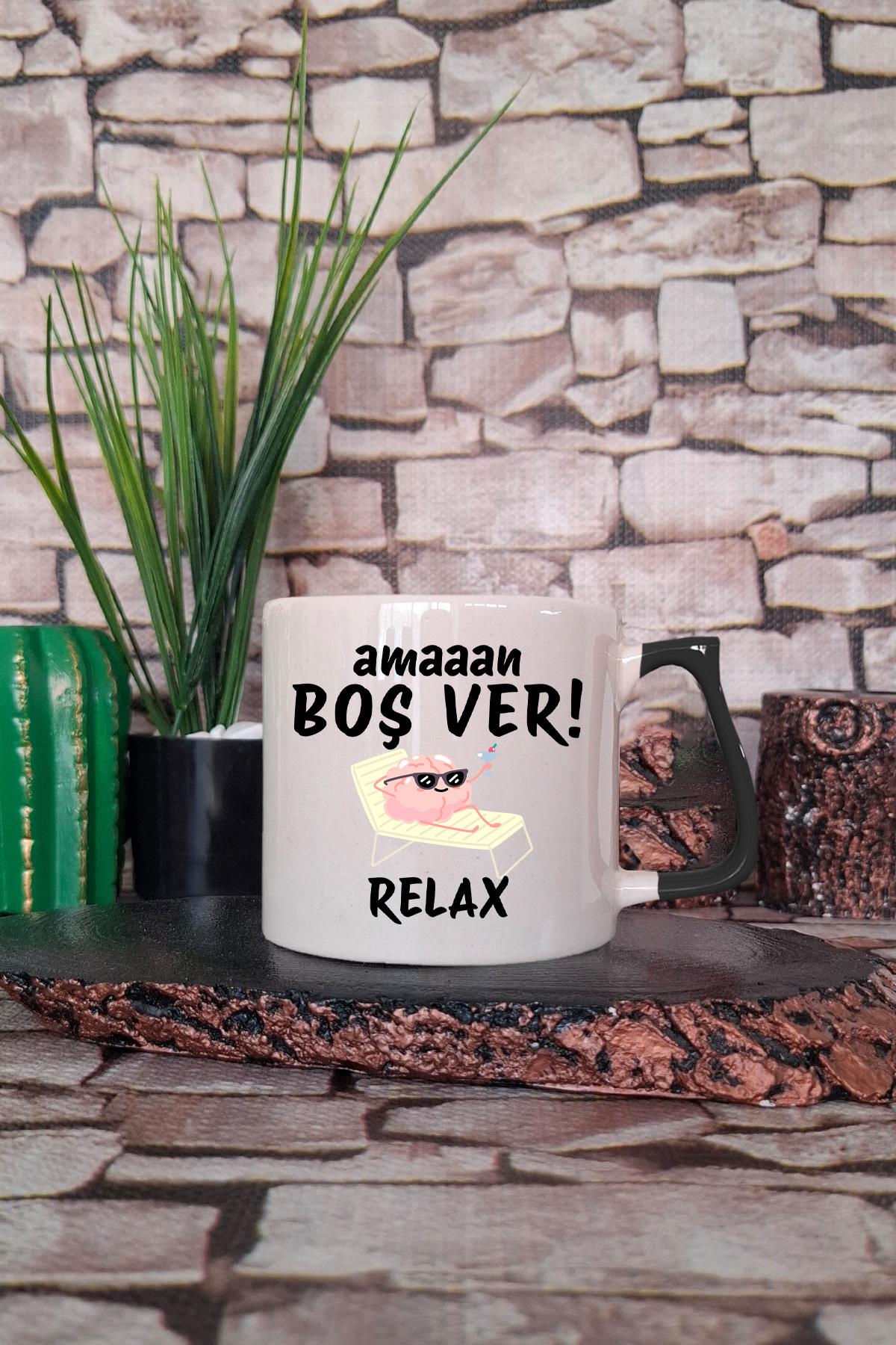 Aman Boşver Yazı Baskılı Eş, Arkadaşa Hediyelik Renkli Kulplu Fincan-Kupa Bardak