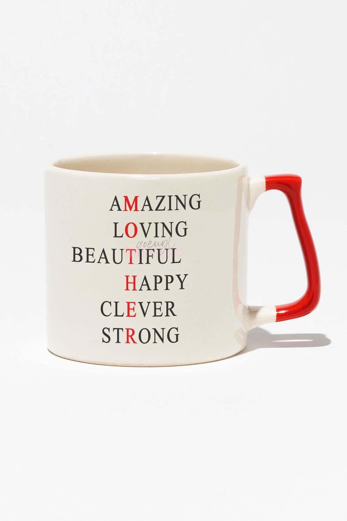 Anneler Günü Amazing Anne Hediye Baskılı Kırmızı Kulplu Modern Seramik Kupa